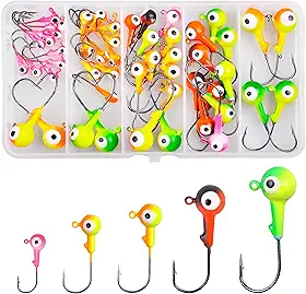 Kit de ganchos de cabeça de pesca com 50 peças de iscas de pesca de bola redonda com cabeça de gabarito de pesca pintada, anzóis para trutas robalo, truta, água salgada, água doce, iscas variadas 3/8