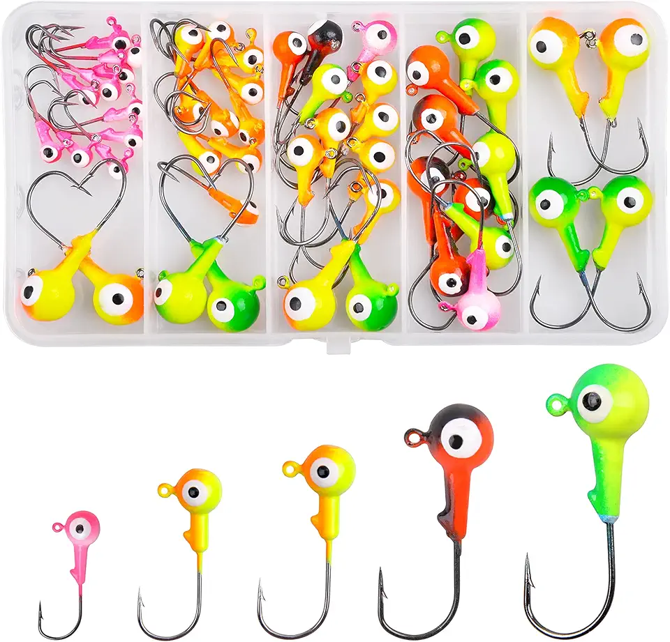 Kit de ganchos de cabeça de pesca com 50 peças de iscas de pesca de bola redonda com cabeça de gabarito de pesca pintada, anzóis para trutas robalo, truta, água salgada, água doce, iscas variadas 3/8