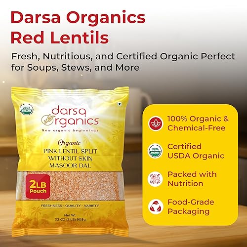 Miniatura 3 de Darsa Organics Red Lentils Masoor Dal - 2 libras con certificación USDA orgánica, sin OMG, sin gluten, lentejas rosadas enteras y divididas, sin
