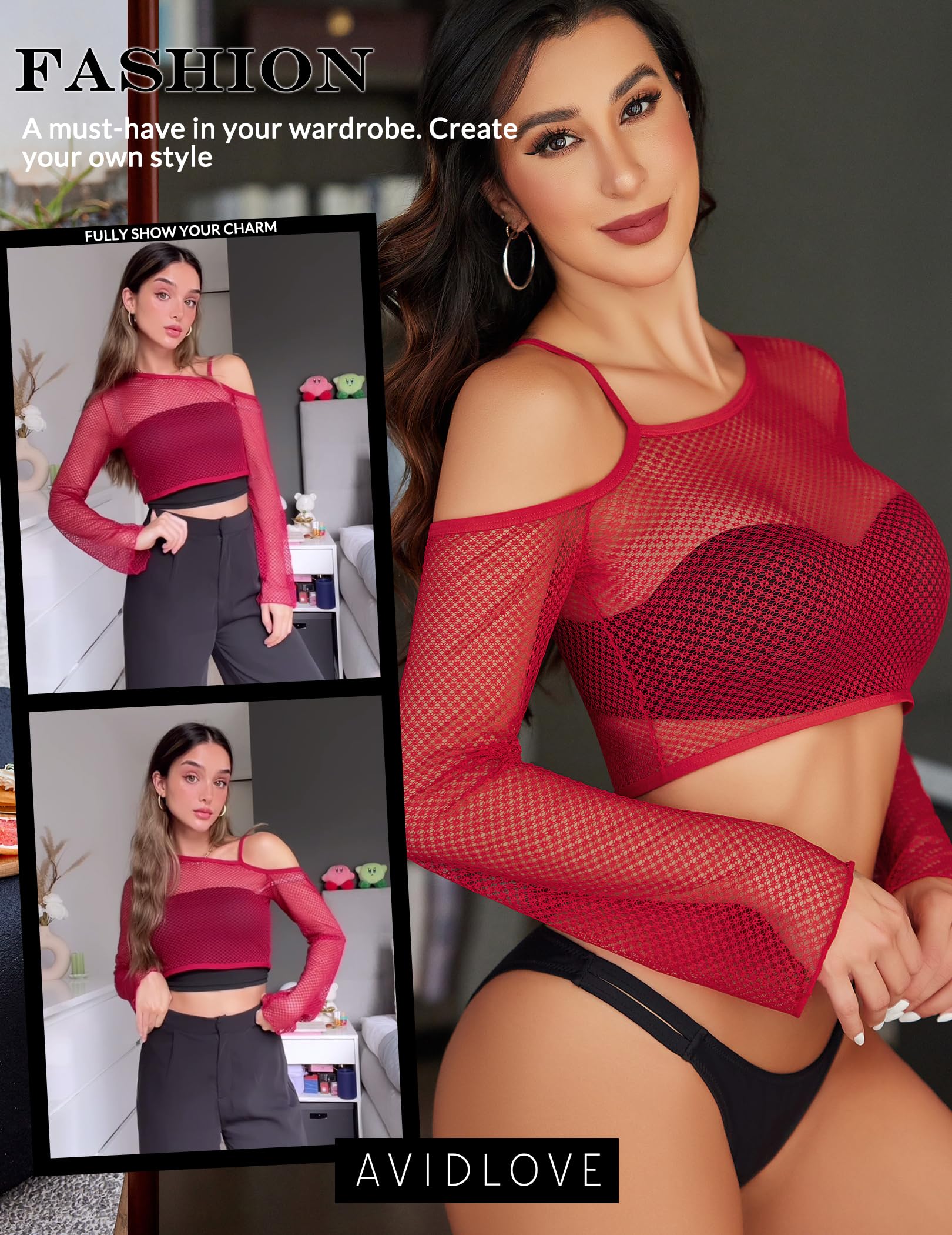 Avidlove Mesh Crop Tops for Women Long Sleeve Fishnet Shirt See Through Tops Rave Outfits Party Clubwear: Burgundy Small