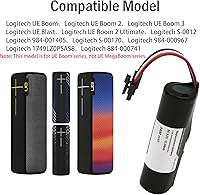 Vista 2 de Batería de repuesto para Logitech UE Boom/UE Boom2/UE Blast/UE Boom 3 Altavoz Bluetooth inalámbrico compatible con parte No Logitech