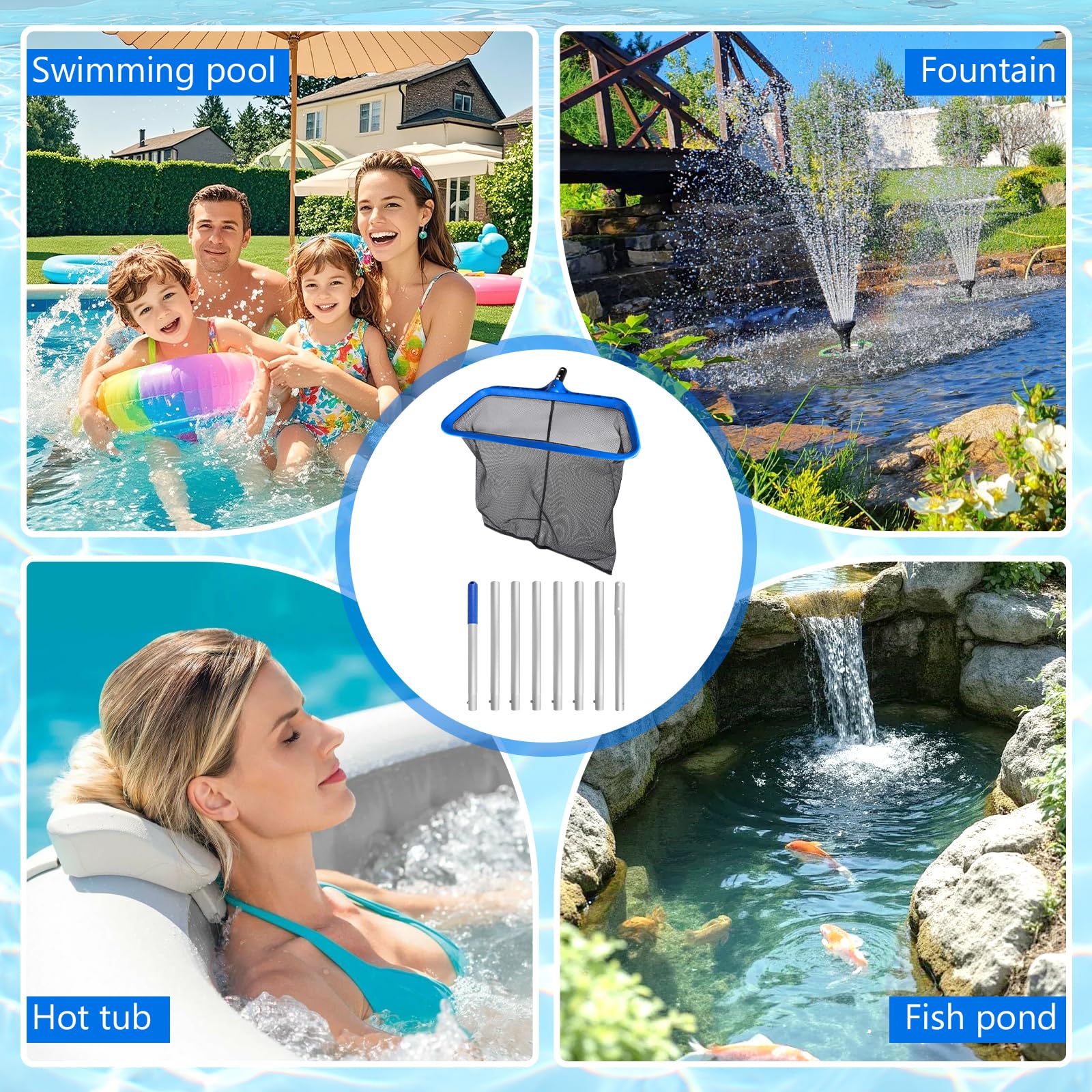 Épuisette de Fond pour Piscine, Filet de Nettoyage avec Manche réglable 2,8m Filet pour Piscine, épuisette pour étang, Spa - Type C (Cadre Bleu Plastique - Filet Noir Grossier Profond)