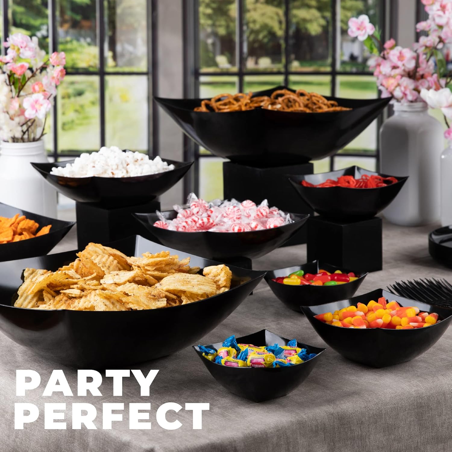 PLASTICPRO Disposable Square Serving Bowls, Party Snack or Salad Bowl, Plastic Black Pack of 4, 8 OUNCE, Black - Image 2