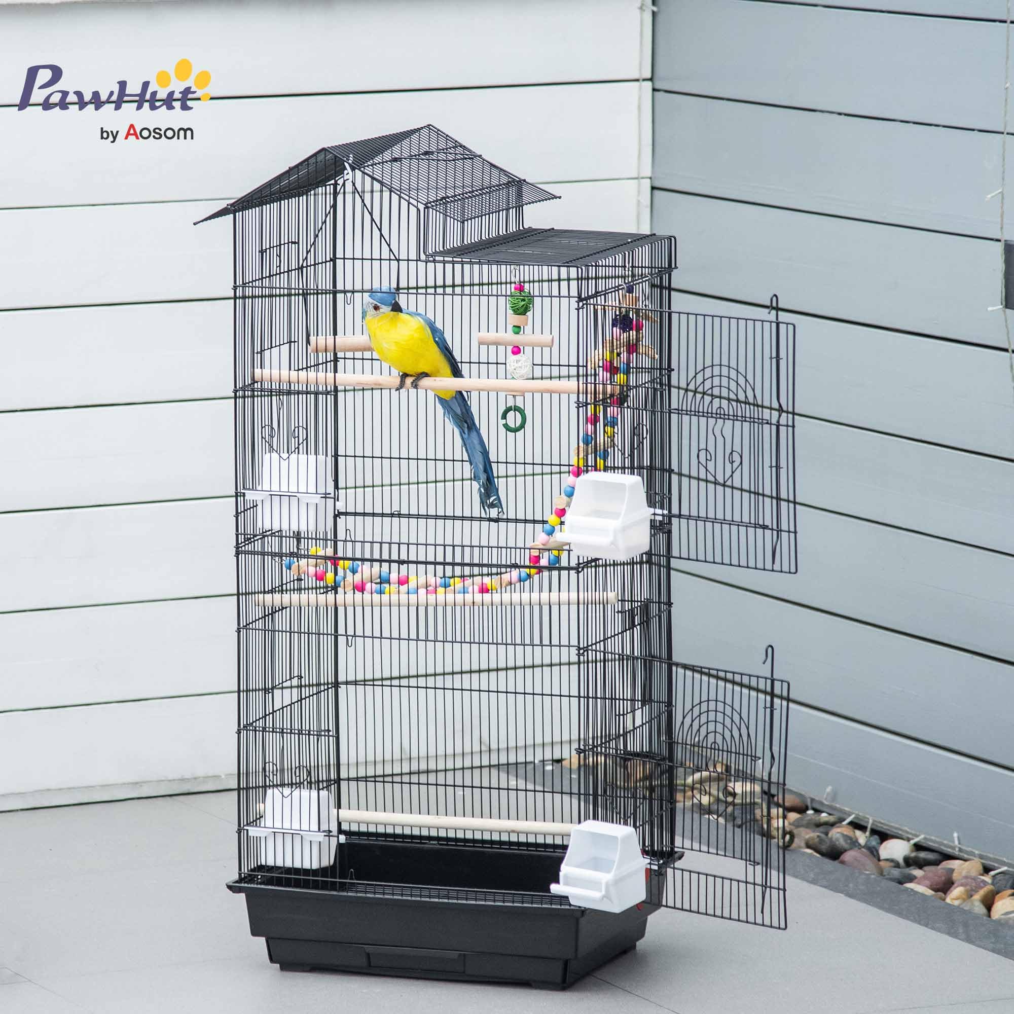 PawHut Jaula para Pájaros Pajarera con Múltiples Puertas 4 Comederos 3 Perchas Columpio Escaleras y Bandeja Extraíble para Loros Canarios Periquitos 46x36x100 cm Negro