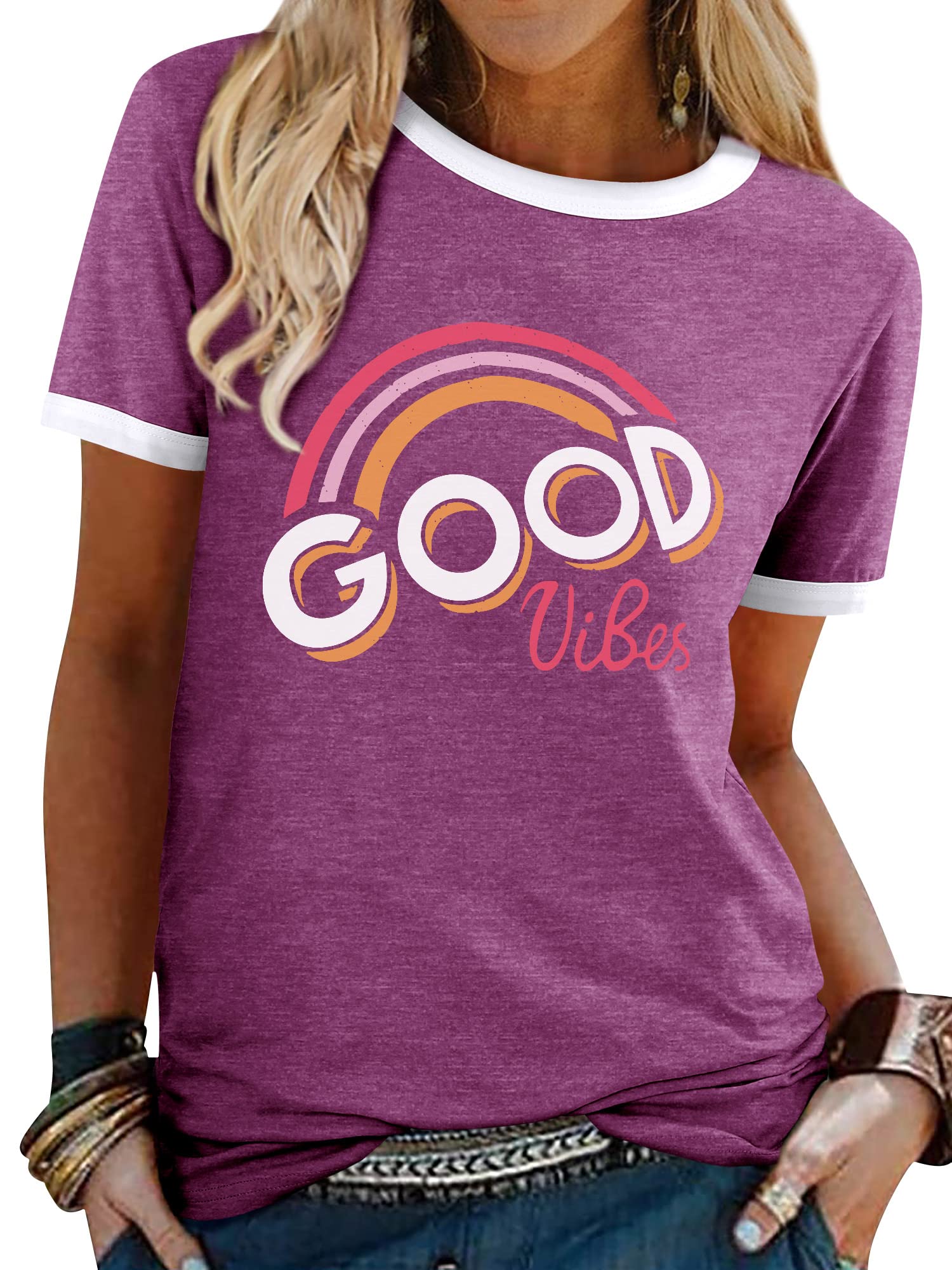 WIEIYM Tshirt Damen Rundhals Kurzarm T-Shirts Sommer T Shirts Good Vibes Regenbogen Brief Gedruckt Lässig Tee Shirts Oberteile Tops S-XXL