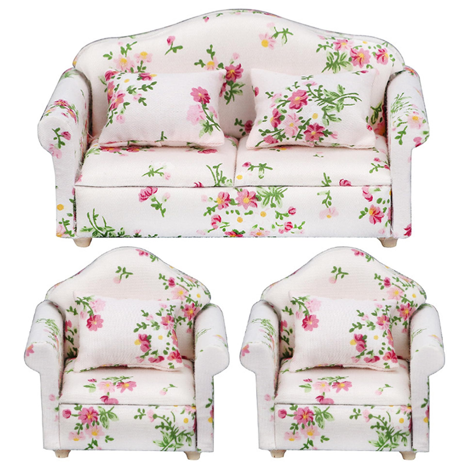 Dollhouse Couch, 3Pcs/Set 1:12 Scale Floral Pattern Double & Single Sofa with Pillow, Wooden Living Room Furniture
