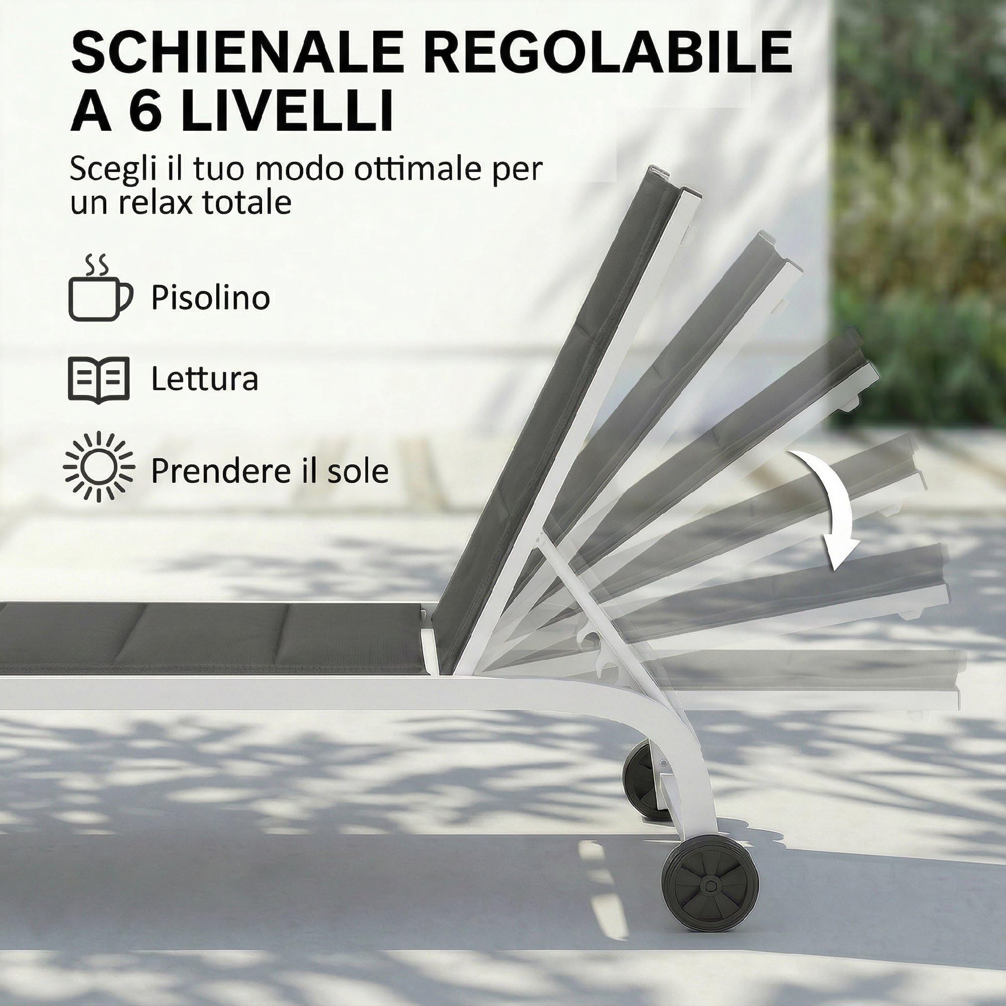 Outsunny Lettino Prendisole da Giardino con Ruote Grigio Scuro e Bianco | Schienale Regolabile 6 Livelli, Sdraio da Giardino in Texteline, Telaio in Alluminio, per Piscina Terrazzo