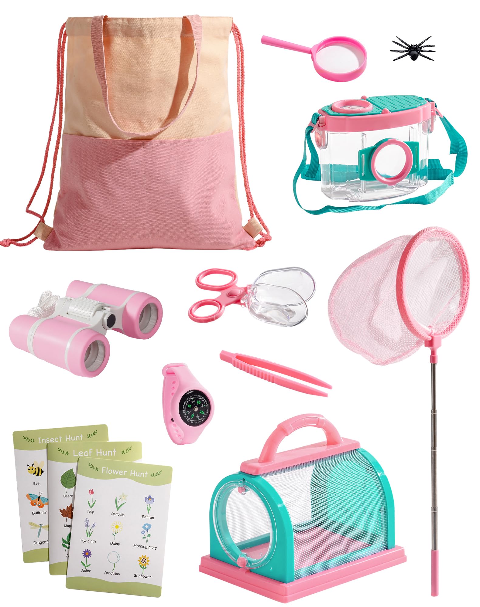 Photo 1 of ROBOTIME Bug Catcher Kit for Kids, 12Pcs Explorer Kit, Outdoor Adventure Set with Kids Binoculars, Butterfly Net, Insect Box, Magnifying Glass and Compass Watch for Toddlers 3-12 (Pink)