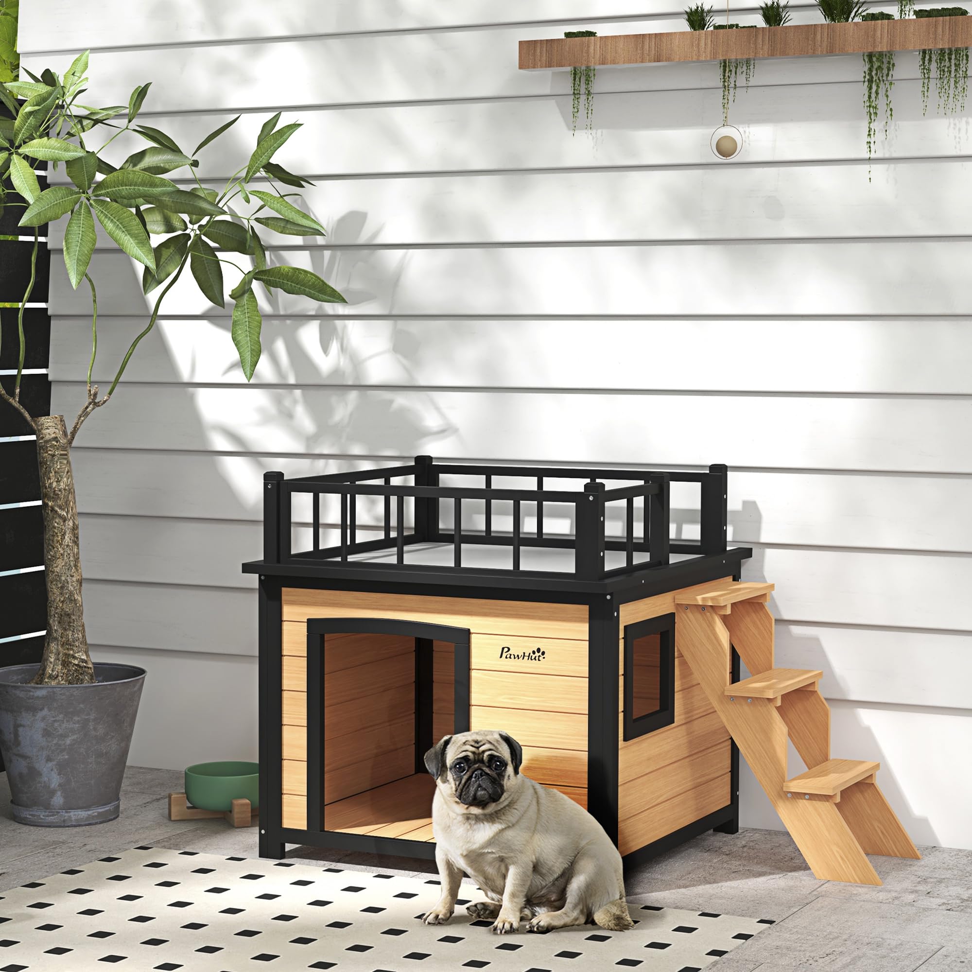 PawHut Niche pour chien Maison pour chien avec balcon, maison surélevée pour petits animaux avec escalier, fenêtre, niche pour petits chiens, bois de sapin, jaune, 121 x 77 x 78 cm