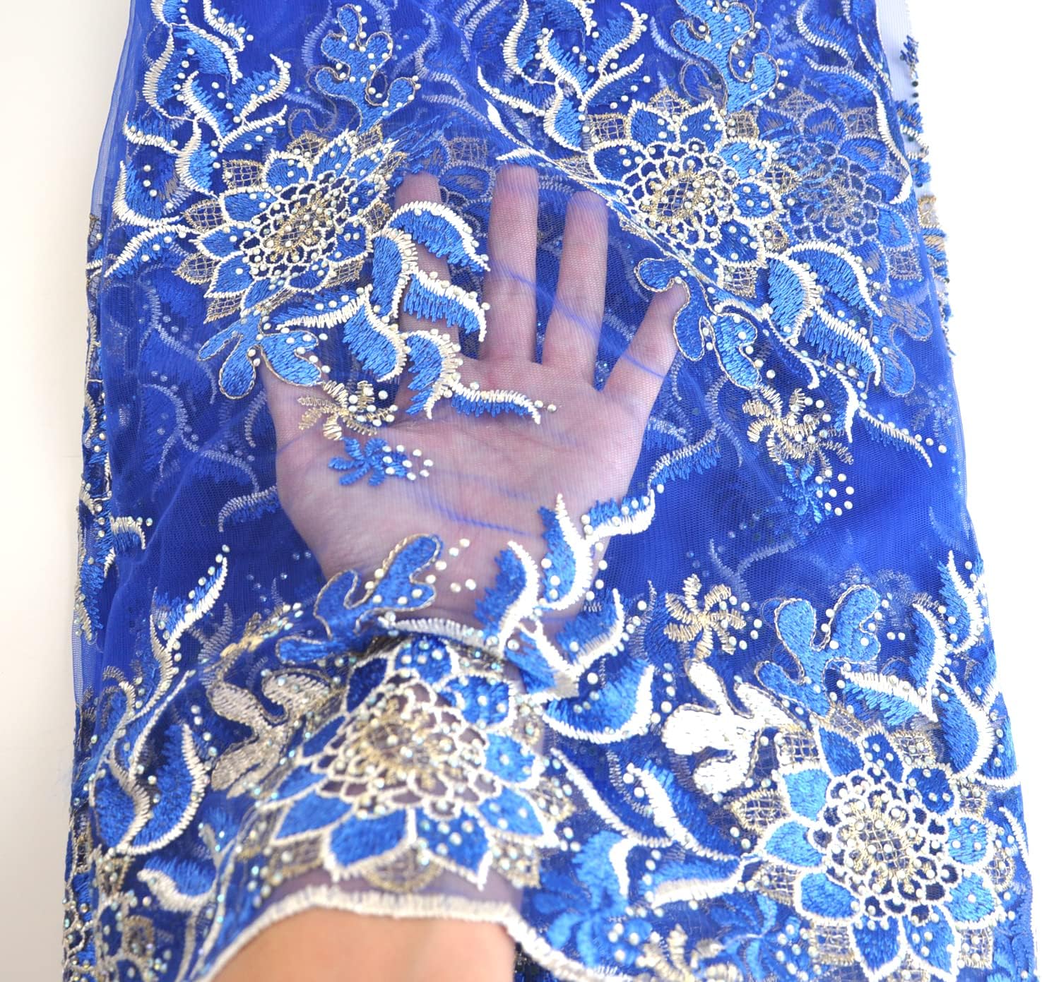SanVera17 African Lace Net Fabrics Nigerian Embroidered Sparkling Stone French Fabric for Party Dress (Blue) 5 Yards 269-3