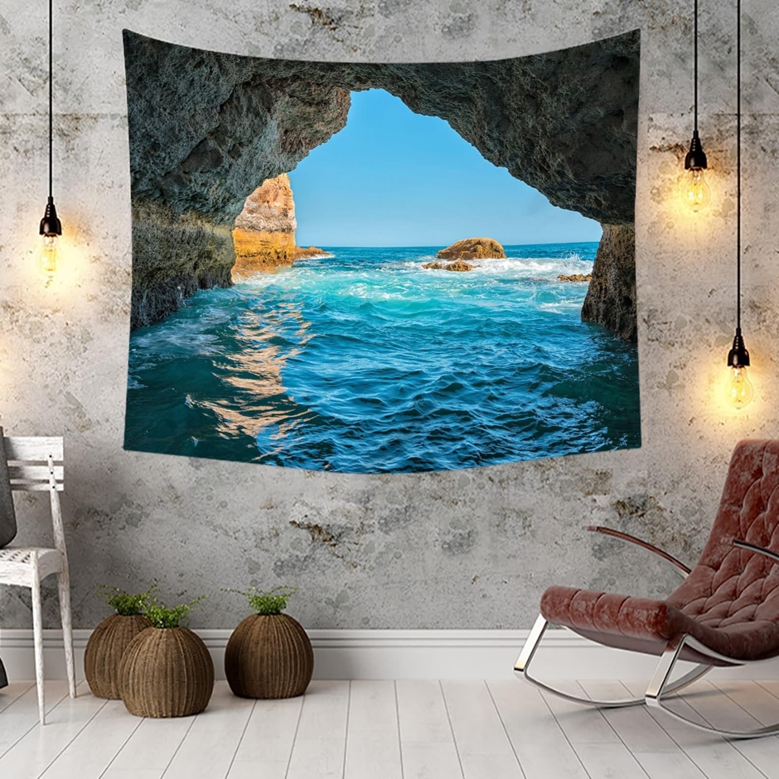 Tapiz decorativo para mesa de comedor, cueva de mar, microfibra azul, 200 x 200 cm (ancho x alto)