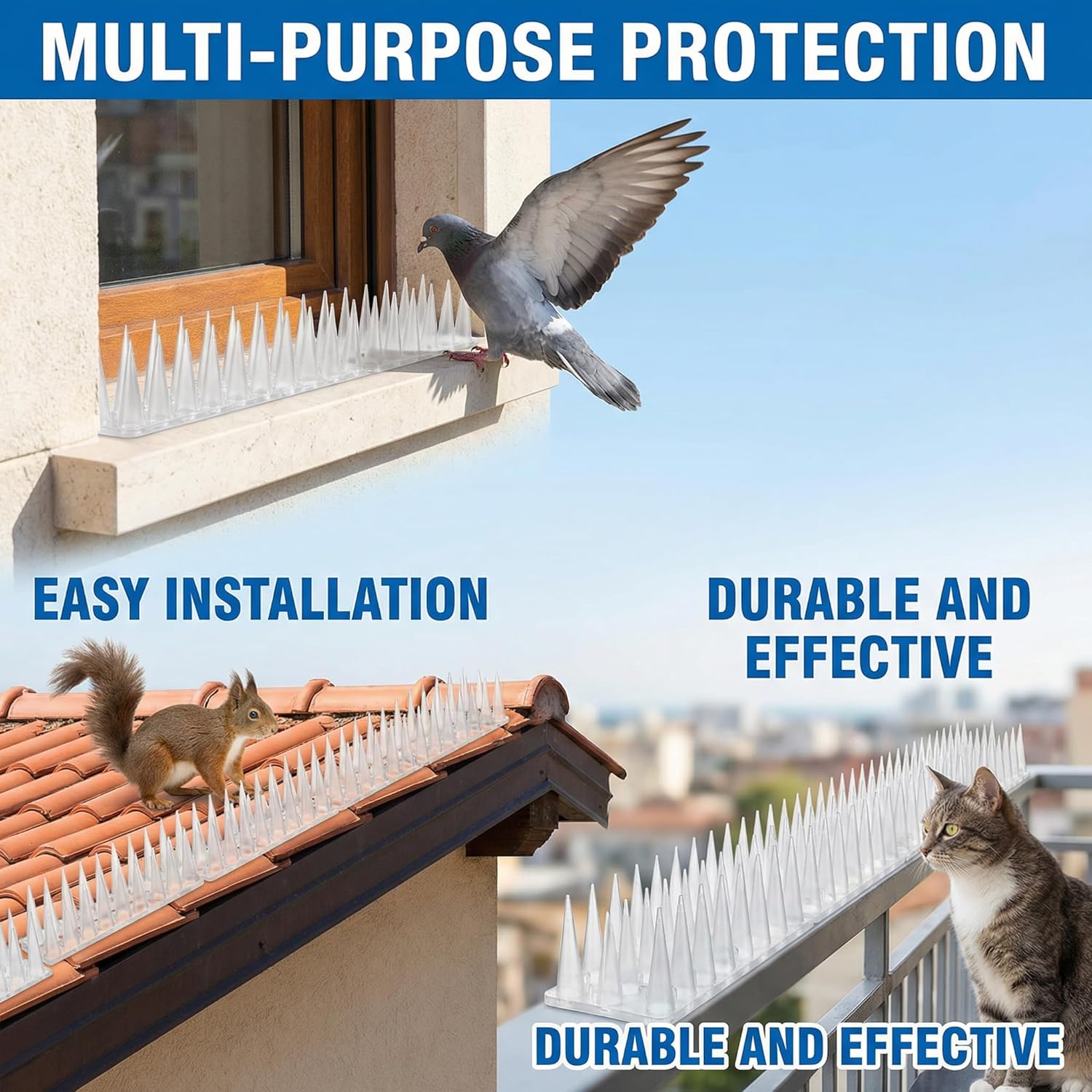 Bird & Animal Deterrent Spikes, 60 Packs Outdoor Plastic Spike Strips for Roof, Ledges, Fence, Walls & Railing, Humane Squirrel, Raccoon & Pigeon Barrier, 60 FT Coverage, White