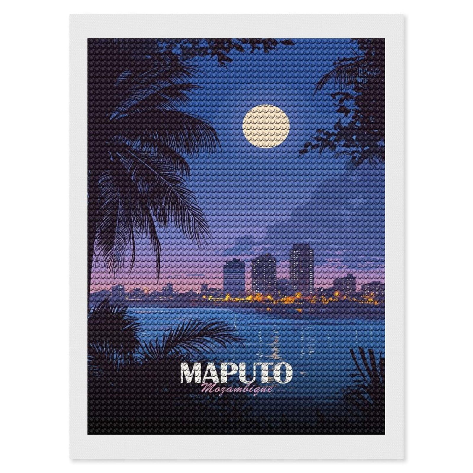 Junmoney Maputo Mozambique Cityscape at Night Diamond Art Kit 12"x16", Vintage Style Decor, Stress Relief Craft, Decor Project, Relaxing DIY, Creative Hobby