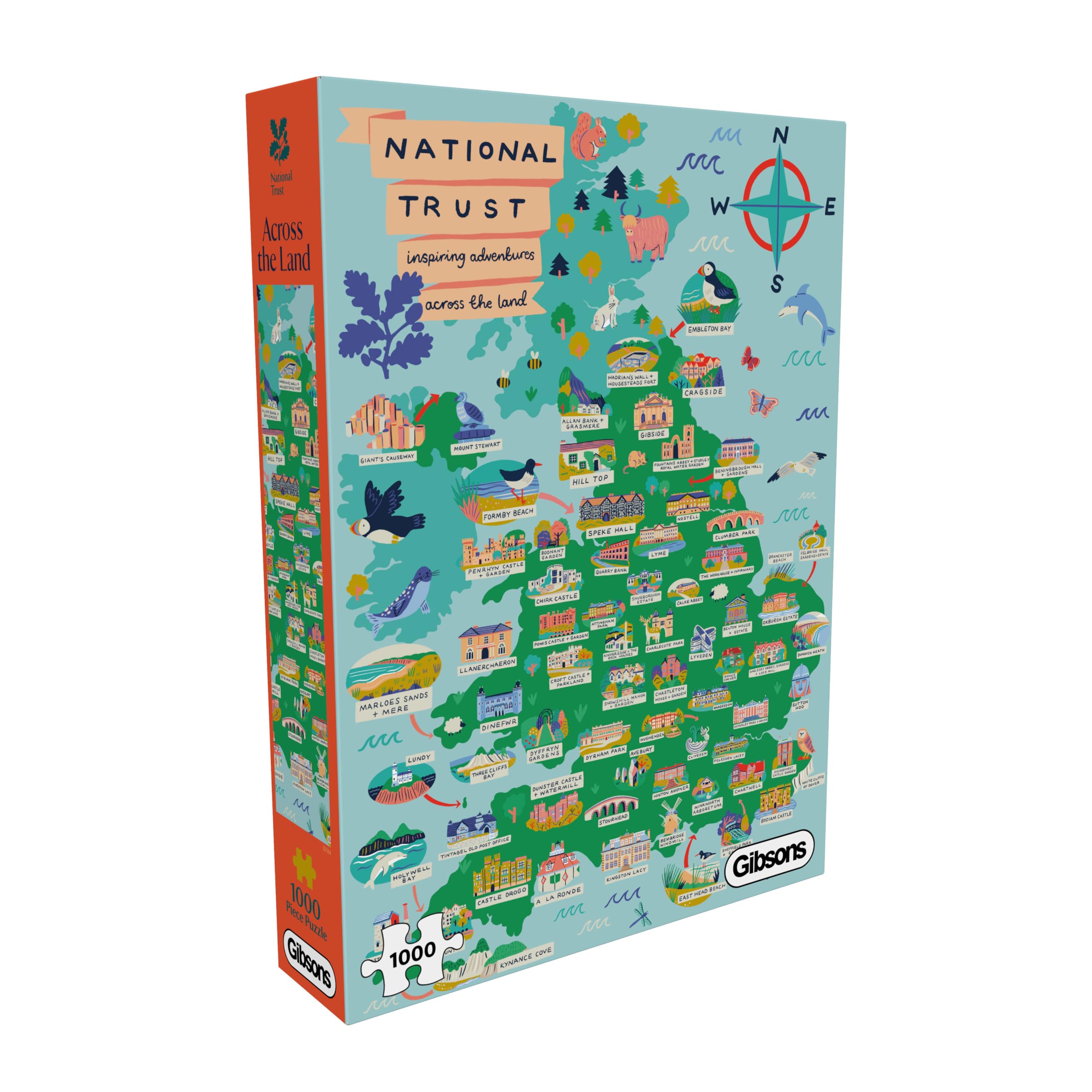 Gibsons National Trust Across the Land 1000 Piece Jigsaw Puzzle for Adults – Colourful Educational Illustrated Map Adventure Artwork by Lauren Radley – Sustainably Made in the UK/EU - Great Gift
