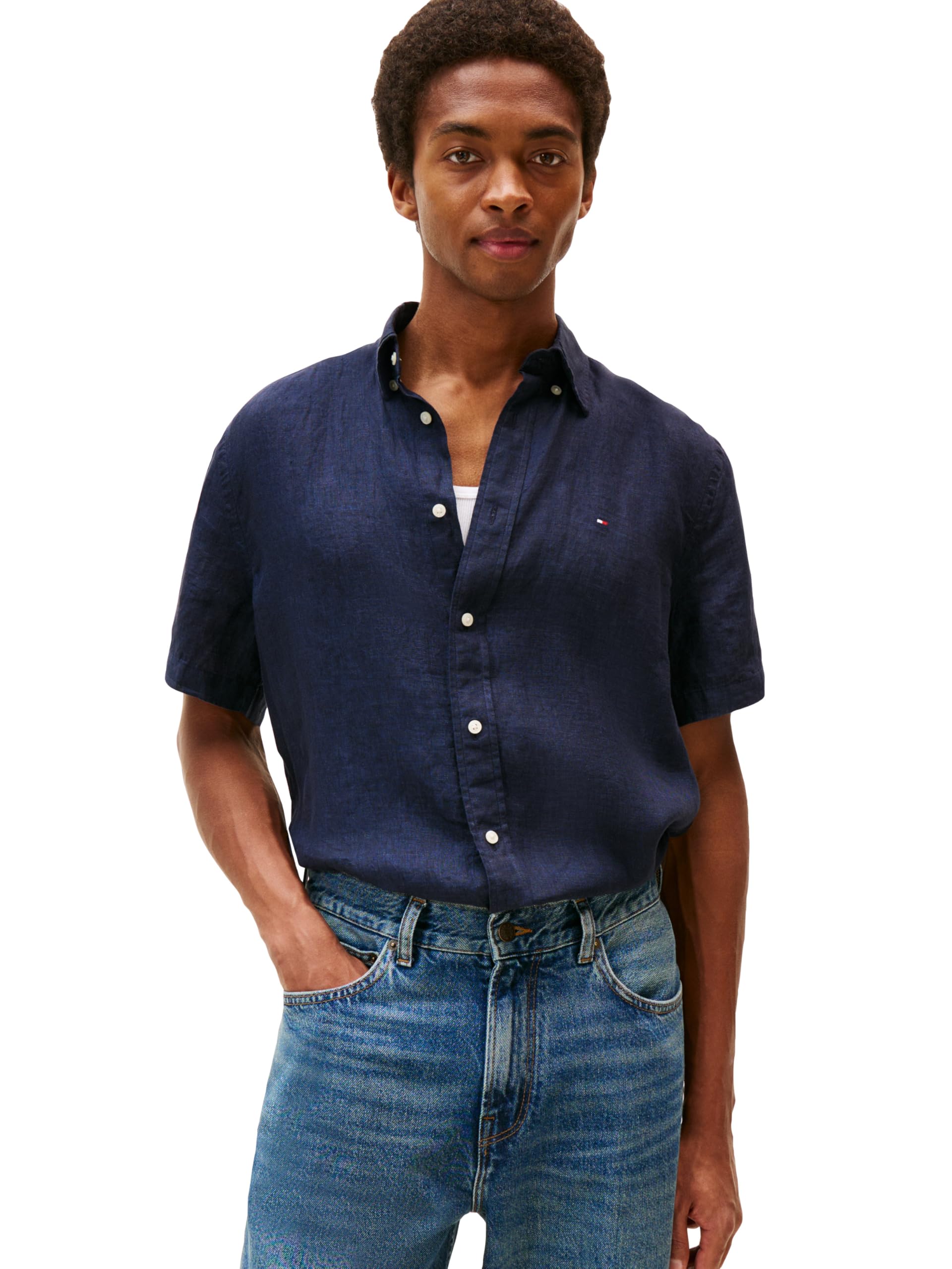 Tommy Hilfiger Men's Short Sleeve Casual Linen Button Down Shirts in Regular Fit, Desert Sky, XXL