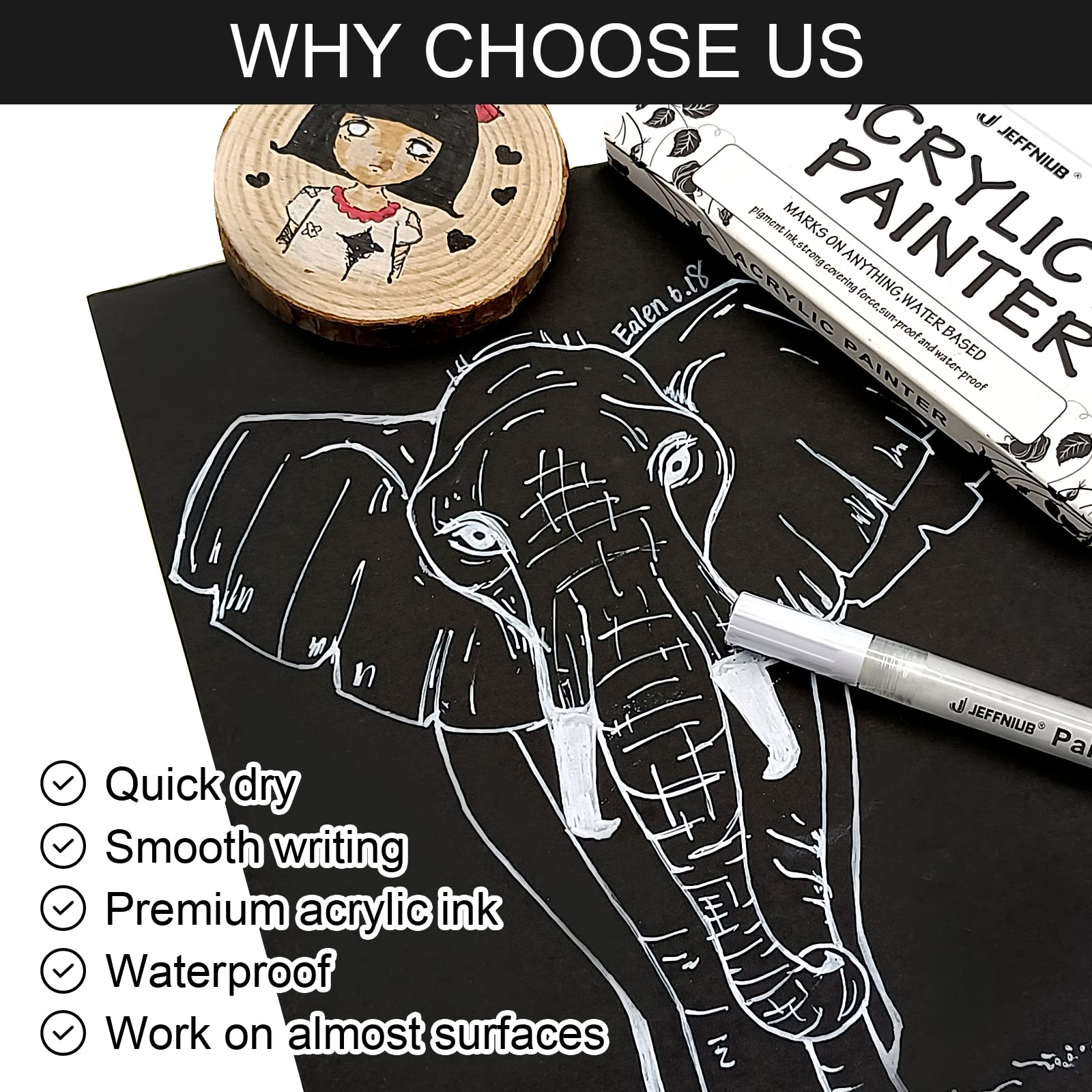 JEFFNIUB Acrylmarker 6er Set Schwarz-Weiß - Doppelseitige Pinselstifte Für Steine, Holz & Glas