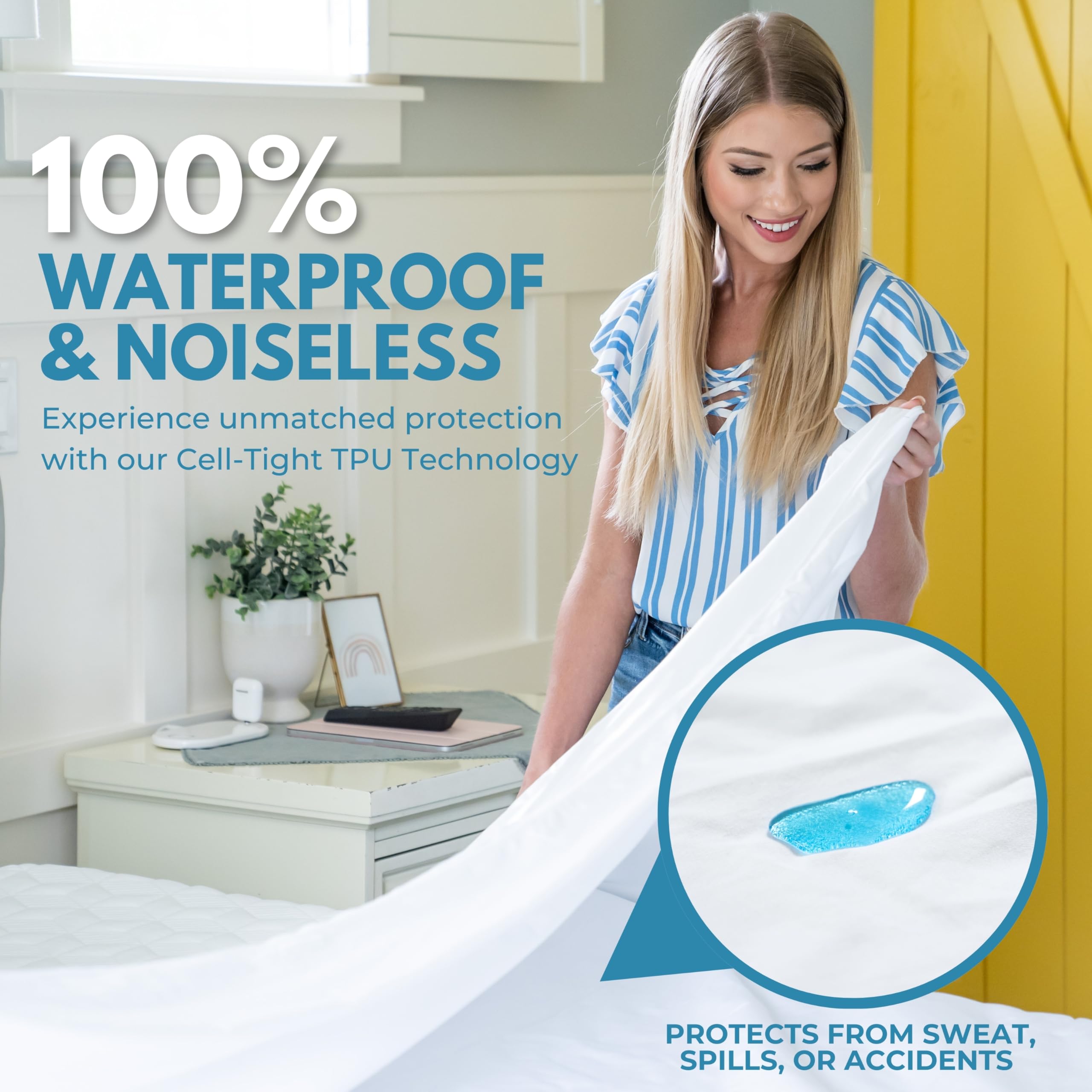 Rest Line - Funda para colchón impermeable con cremallera, tamaño Queen de 60 x 80 pulgadas, 100 % algodón, hipoalergénico, a prueba de chinches de cama de seis caras, con cremallera invisible, suave 2