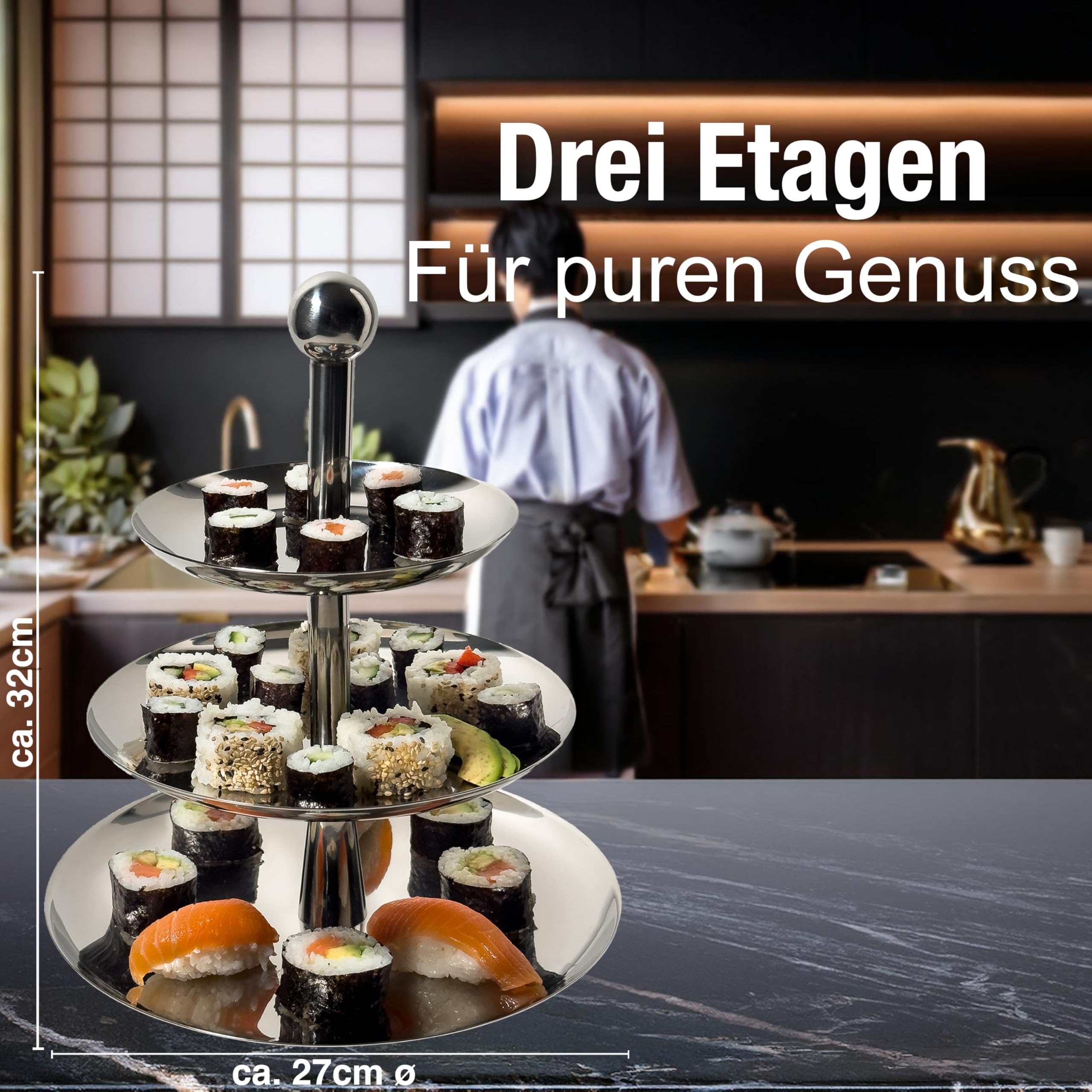 Alzata a 3 ripiani in acciaio inox – Torre di servizio robusta per cucina e buffet – Design elegante per torte, dessert, cioccolatini, sushi, gastronomia, decorazioni e molto altro ancora