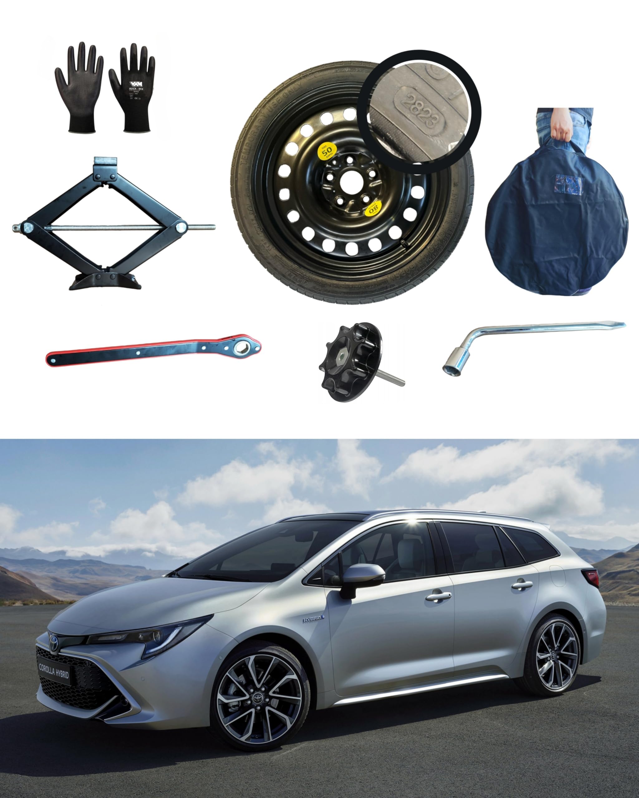 Rueda de repuesto de 17" compatible con Toyota Auris COROLLA con gato, llave, bolsa y tornillos de fijación