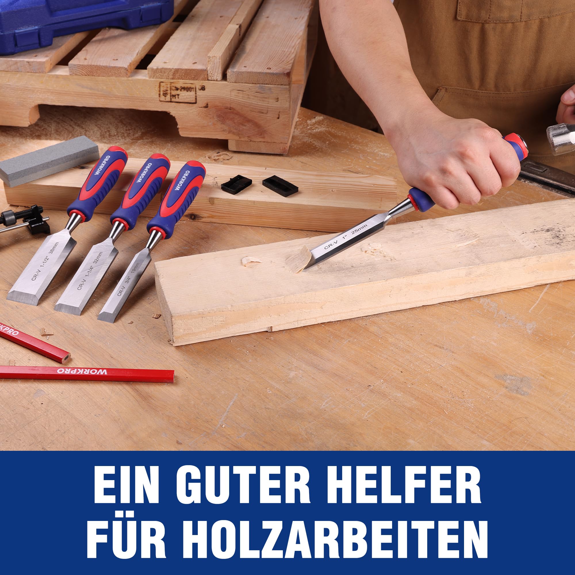 WORKPRO Holzmeißel Set 10-tlg., Cr-V Stahl, 6 Stechbeitel, Koffer | 6 Stechbeitel 6–38mm, ergonomische Griffe, inkl. Schleifstein und 2 Bleistifte, ideal für Holzarbeiten