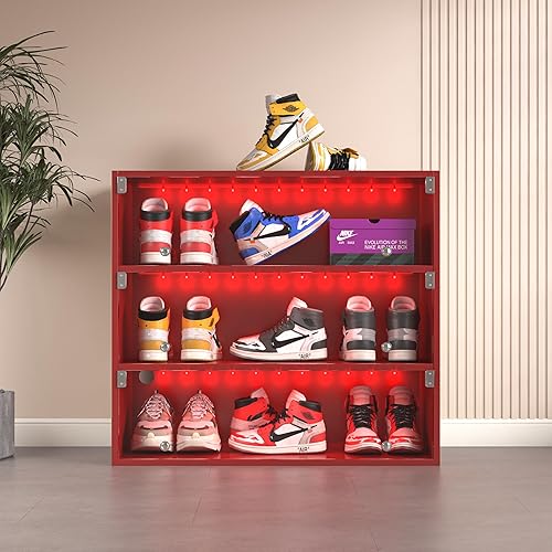 Miniatura 9 de Caja de Almacenamiento de Zapatos, Caja Organizadora de Zapatos de Madera con Puerta de Vidrio Abatible, Cajas de Zapatos de 3 Niveles con Luz LED