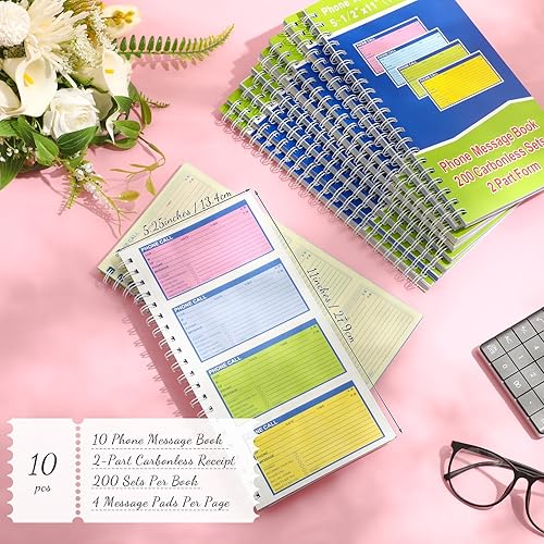 Miniatura 2 de Sinmoe 10 cuadernos de mensajes para teléfono encuadernados en espiral con copia de carbono de 5-12 x 11 pulgadas, 2 partes coloridas sin carbono,
