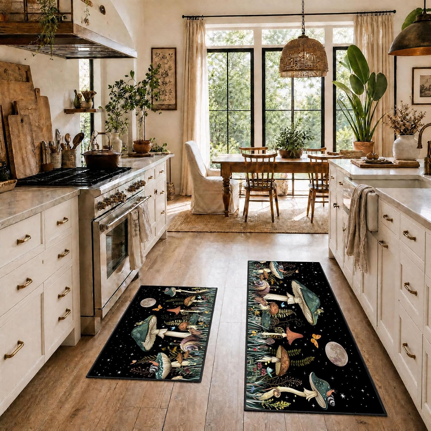 Dark Green Mushroom Rug Kitchen Mats for Floor Kitchen Rugs Non Slip Washable Sets of 2 Black Butterfly Insect Plant Low Pile Stain Water Resistant Floor Standing Mat for Office Laundry Sink