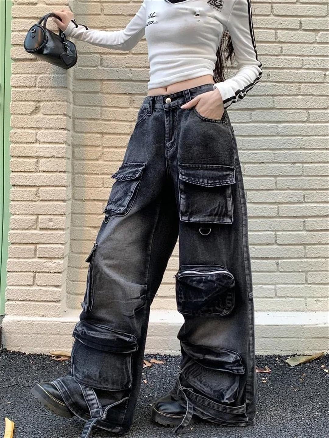 Women’S Washed Cargo Jeans Gothic Style Baggy Multi Pocket Wide Leg Denim Pants