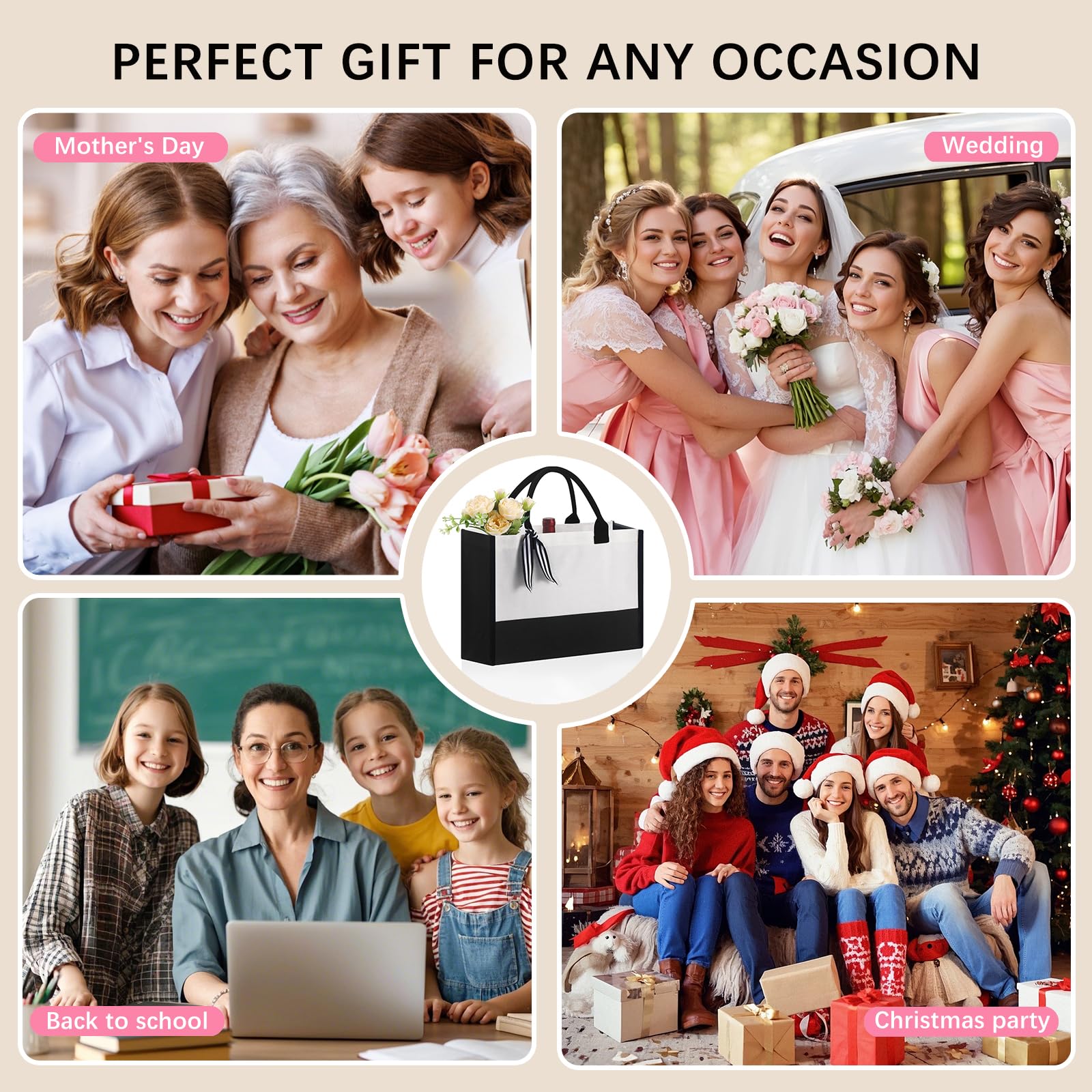 OKBA 10 PCS Personalized Classic Canvas Tote Bag(Black and White), Inside Zipper Pocket Grocery Tote DIY Gift, for Wedding, Birthday, Beach, Perfect Gifts for Women, Mom, Teachers, Friends - Image 7