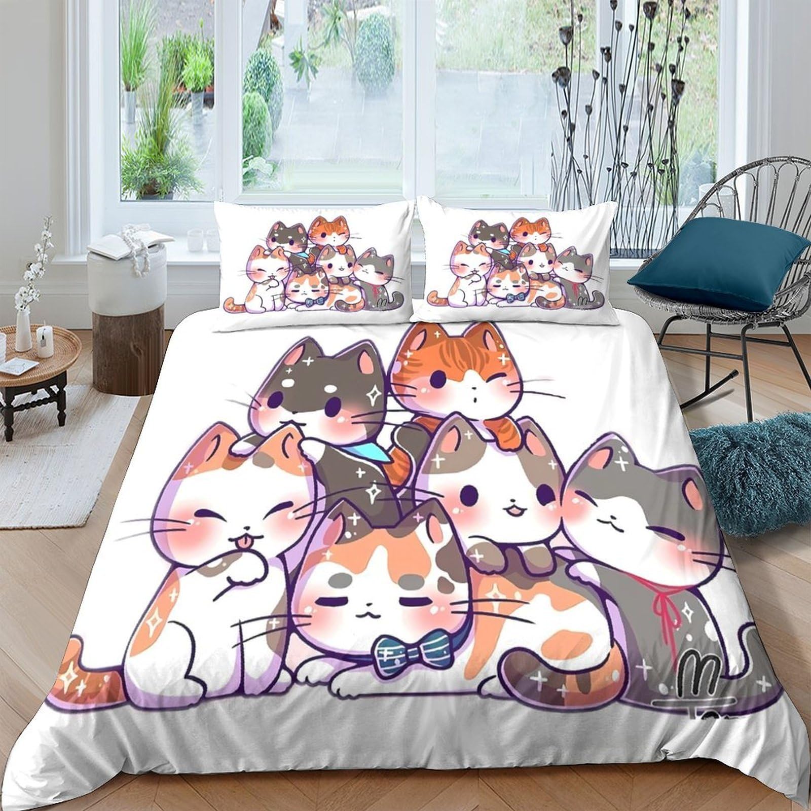TUFRTGYHN 3D Printed Cute Cat Duvet Cover Microfiber Soft Breathable Cartoon Kitty Bedding Set with 2 Pillowcases for Bedroom Decor, Single（135x200cm）