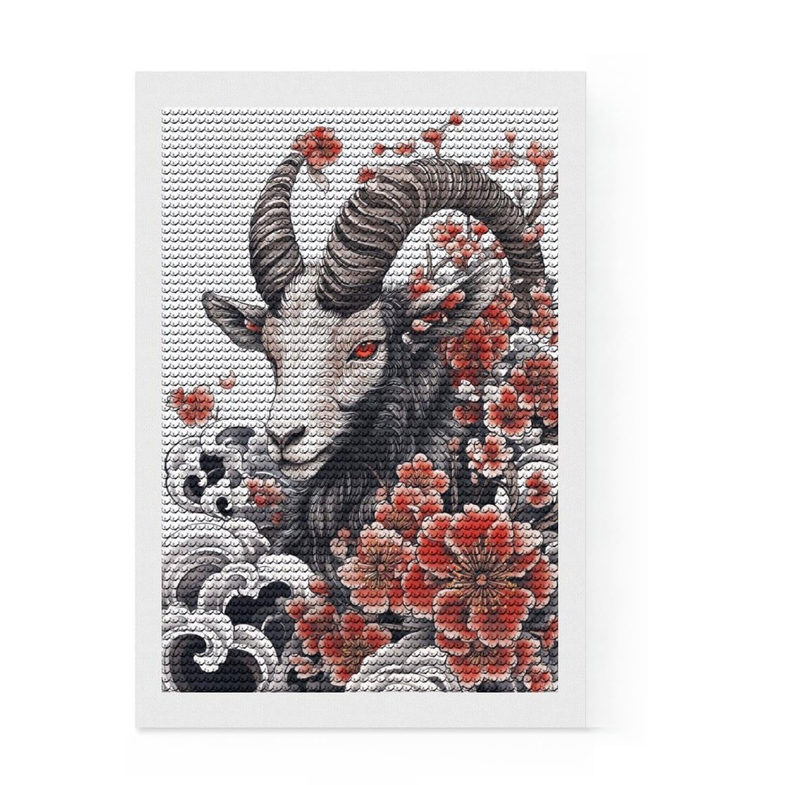 Junmoney Japanese Goat Tattoo Diamond Art Kit 8"x12", for Women, for Adults, Full Kit Included, Thoughtful Present, Festive Craft Gift