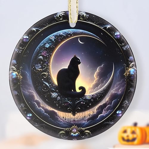 Miniatura 10 de Adornos colgantes Touber para Navidad - Adornos para árbol - Gato negro en noche oscura Gato negro en la noche oscura,Bruja mágica,Luna Gato