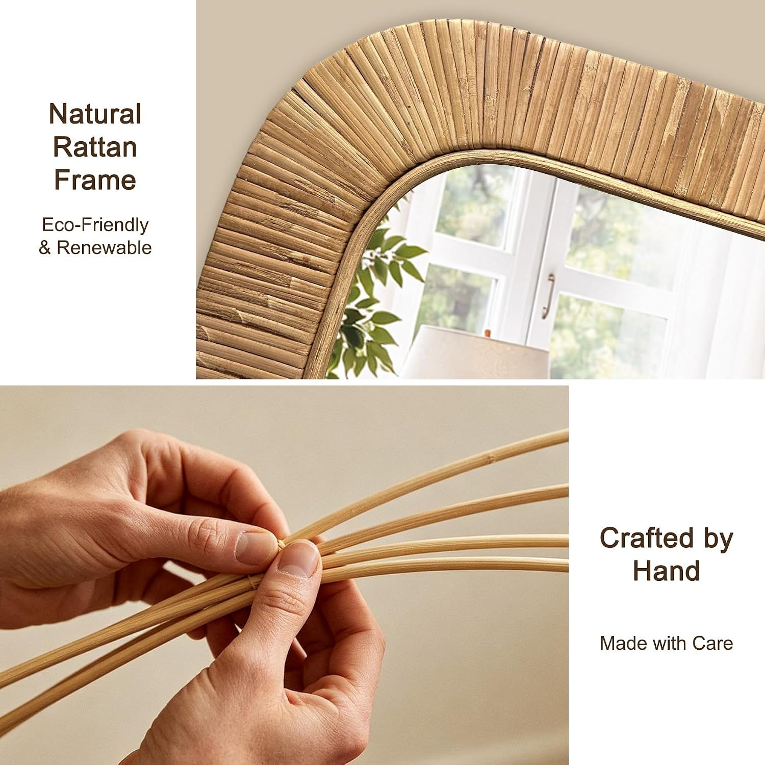 Decorative Rattan Wall Mirror, Boho Bathroom Modern Makeup, Rustic Wall Bohemia Mirrors for Bedroom, Living Room, Vanity Versatile Farmhouse, Nursery, Bathroom (Rectangular 30“x20”, X Small)