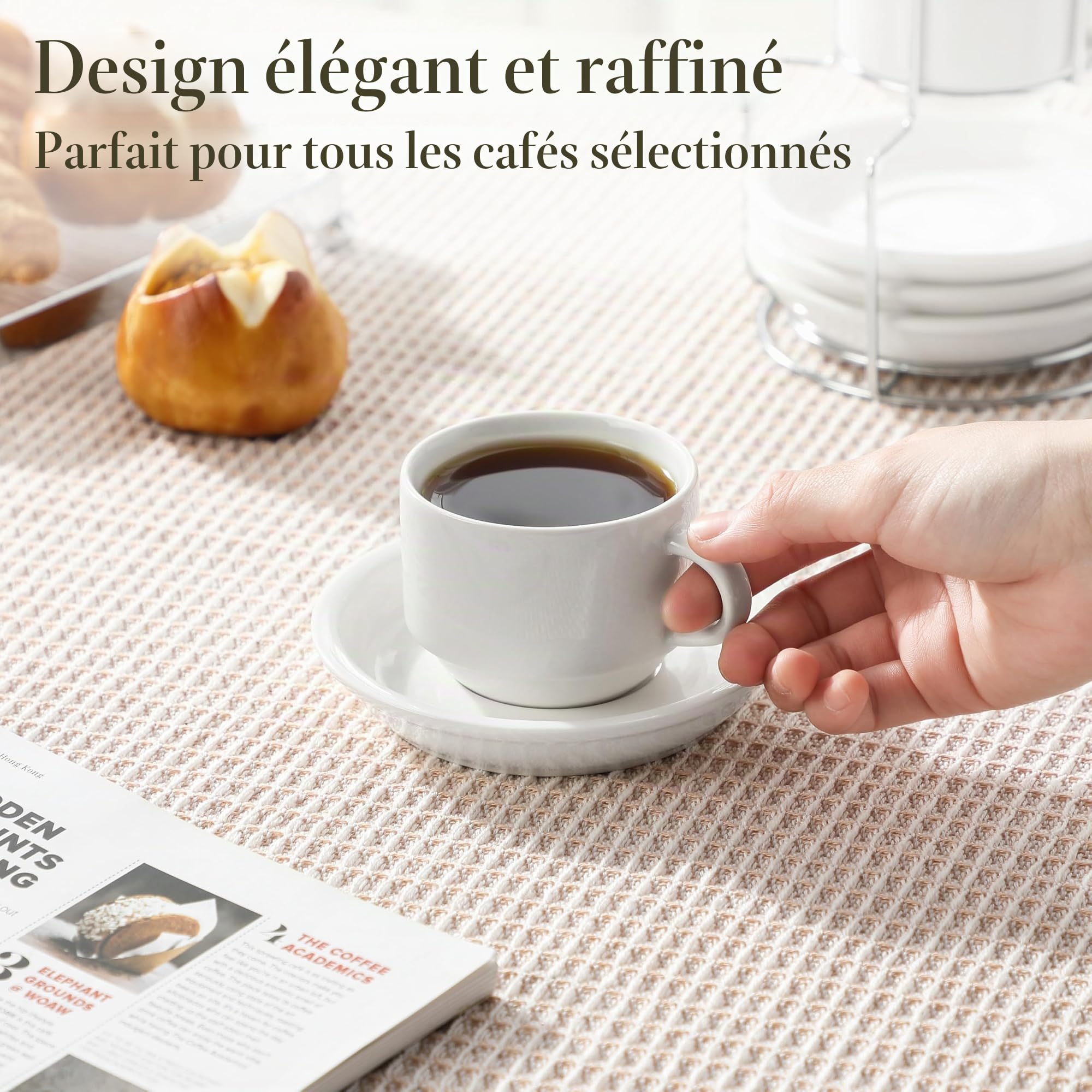 MALACASA Série REGULAR, Lot de 4 Tasses à Café pour 4 Personnes, 150 ml, Service à Café Empilable avec Soucoupe et Support en Métal，Idéal pour Expresso, Cappuccino, Latte, Moka et Thé, Blanc