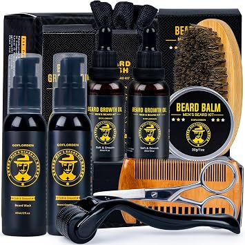 Beard Kit, Beard Grooming Kit for Men, Beard Growth Kit with Beard Roller, 2 Pack Beard Growth Oil, Beard Shampoo, Beard Conditioner, Beard Brush, Beard Balm, Beard Comb, Scissors