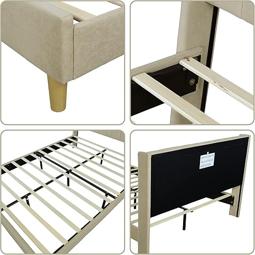 Miniatura 5 de Cama de plataforma tapizada de perfil bajo, camas Queen con beige (lino)
