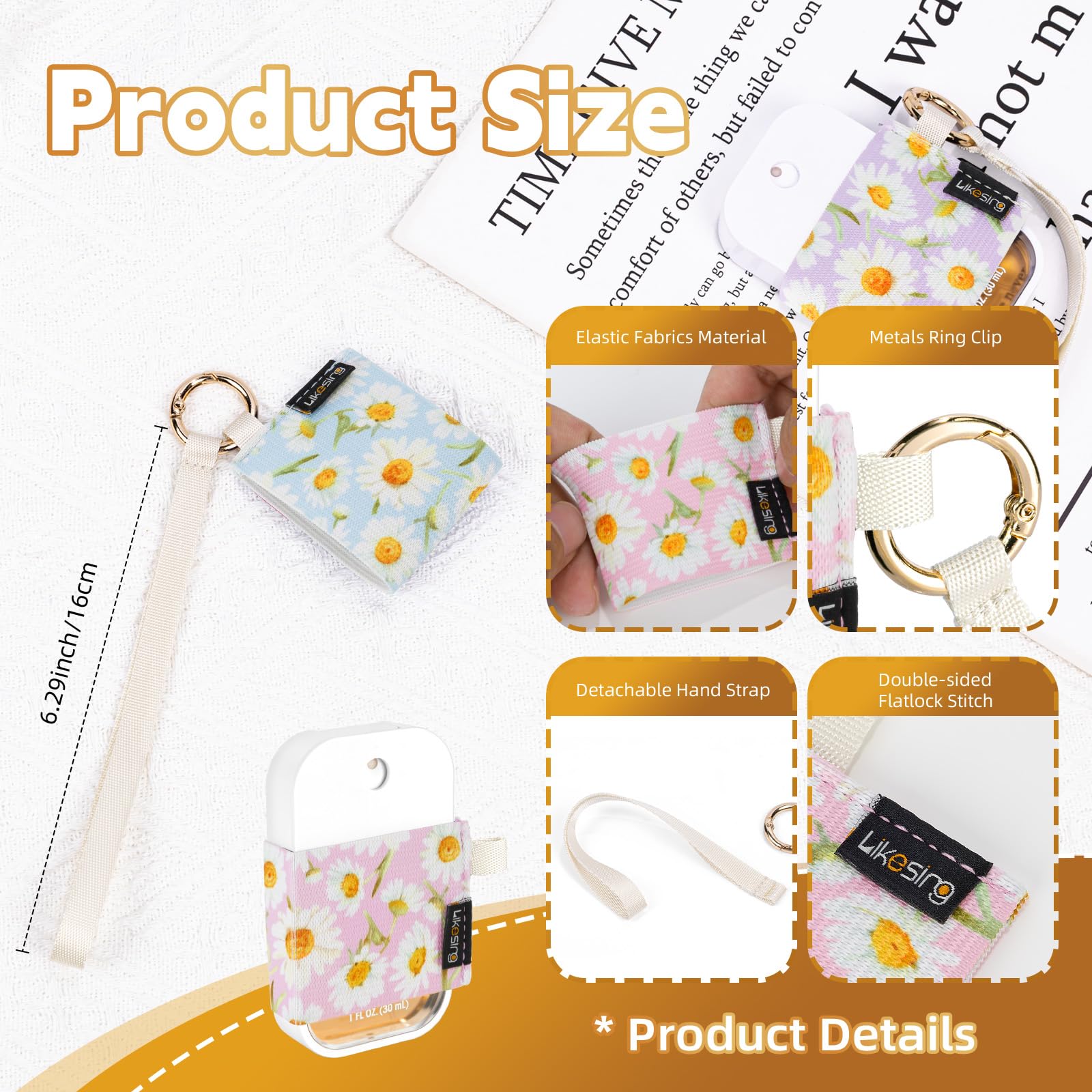 Likesing Hand Sanitizer Spray Sleeve Compatible with T0uch-land, 4 Elastic Handsanitizer Travel Size Holder with Keychain and Wrist Strap for t0uch'land Case for Glow Mist and Power Mist(Daisy)