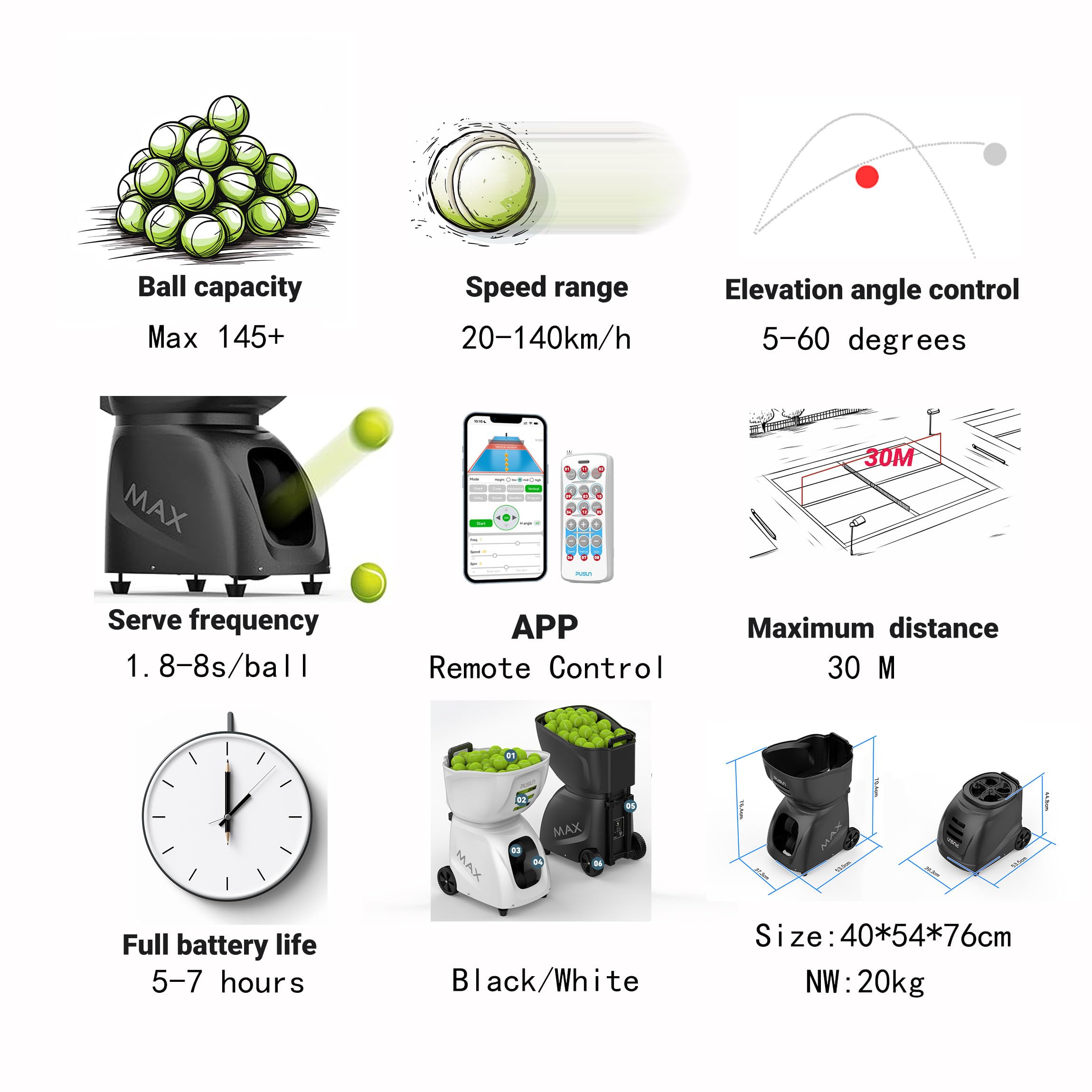 PUSUN PT-MAX C Macchina Lanciapalle Tennis e Padel, App, 35 Punti, 12/14 Modalità, Topspin e Backspin ±6, 12-87 MPH, 1-10 s/Palla, 120+ Palle, Batteria 6-8 ore, 98.4 FT di Portata, per Tutti i Livelli