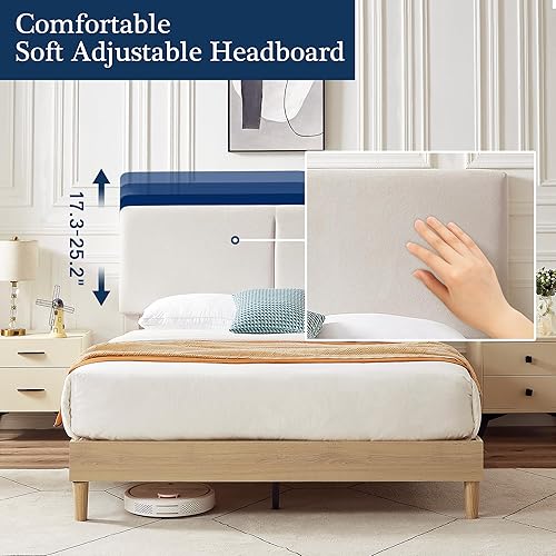 Miniatura 6 de VECELO Base de cama tamaño Queen tapizada con cabecera de algodón y lino ajustable en altura, listones de madera resistente, espacio debajo de la