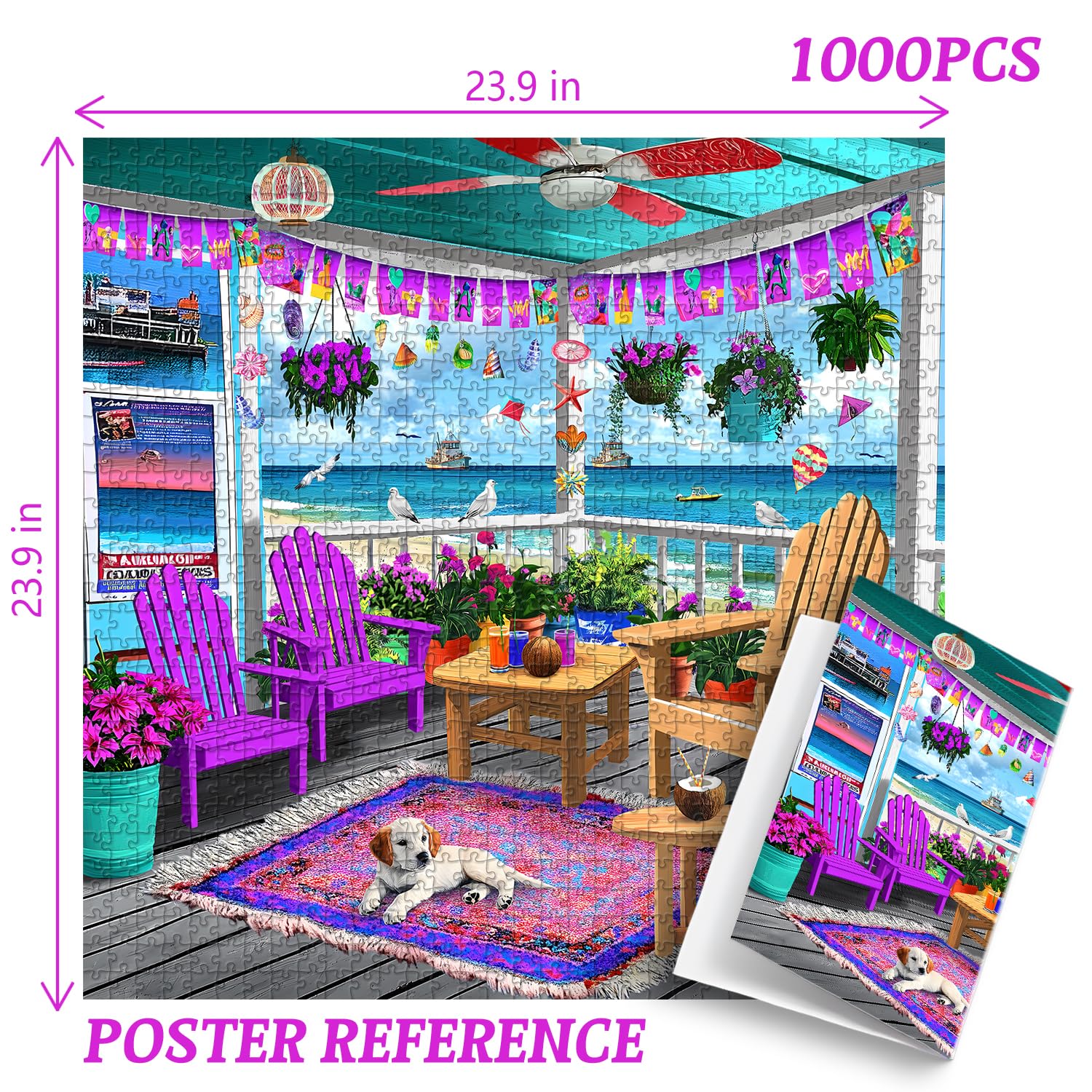 PICKFORU Beach Puzzles for Adults 1000 Pieces, Colorful Seaside Puzzle Beach Chair Flower, Impossible Holiday Puzzles as Wall Art - Image 4
