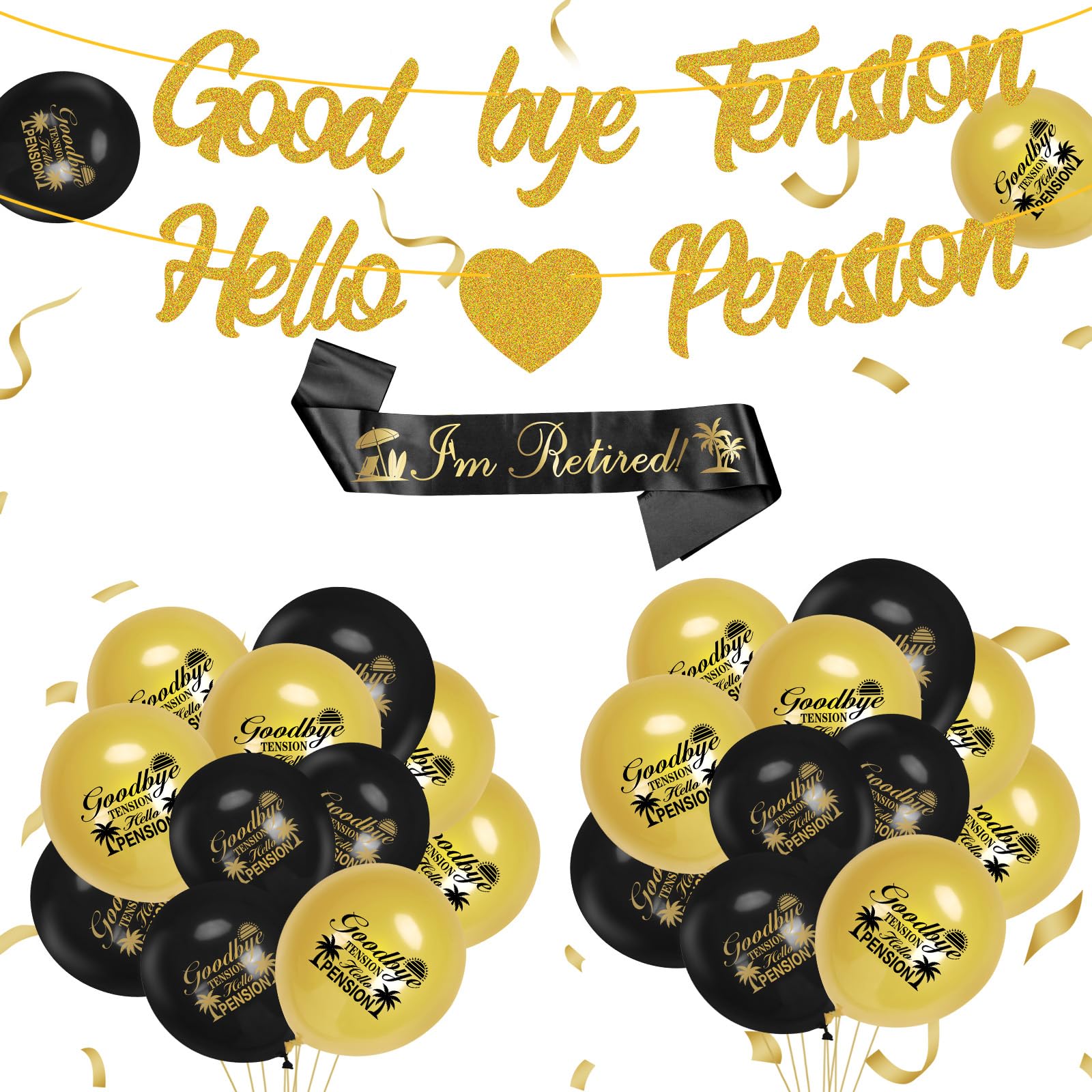 Loopes Men's Decorations 2 22Pcs Retiret Party Decorations, Black Gold Banner Balloons, I'm Retired Sash, Office Farewell Supplies - Goodbye Tension Hello Pension