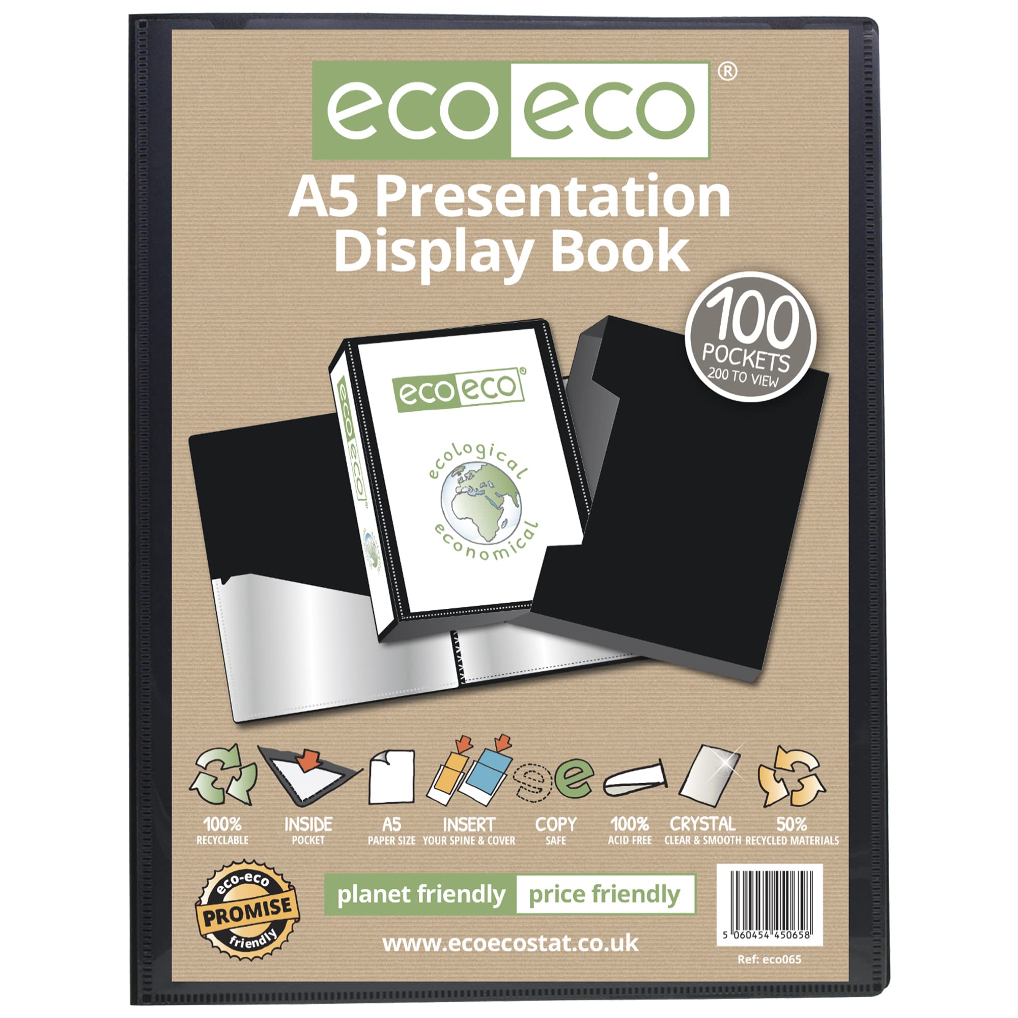 eco-eco Cartella nera riciclata al 50% A4 con tasca interna e posteriore, clip e eco-eco Cartella nera riciclata al 50% A4 con tasca interna e posteriore, clip e