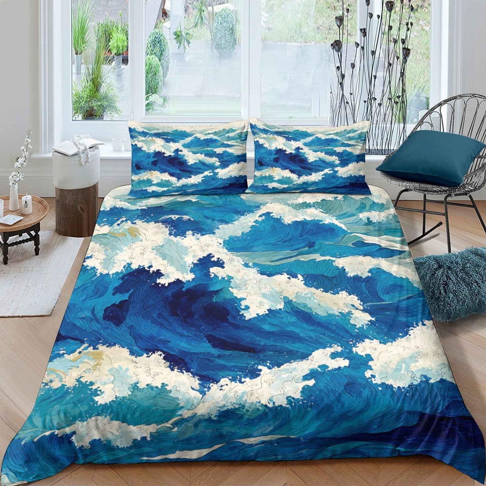 GPLZQXKJNH 3D Printed Ocean Wave Duvet Cover Microfiber Blue Water Bedding Set with 2 Pillowcases for Bedroom Decor Single（135x200cm）