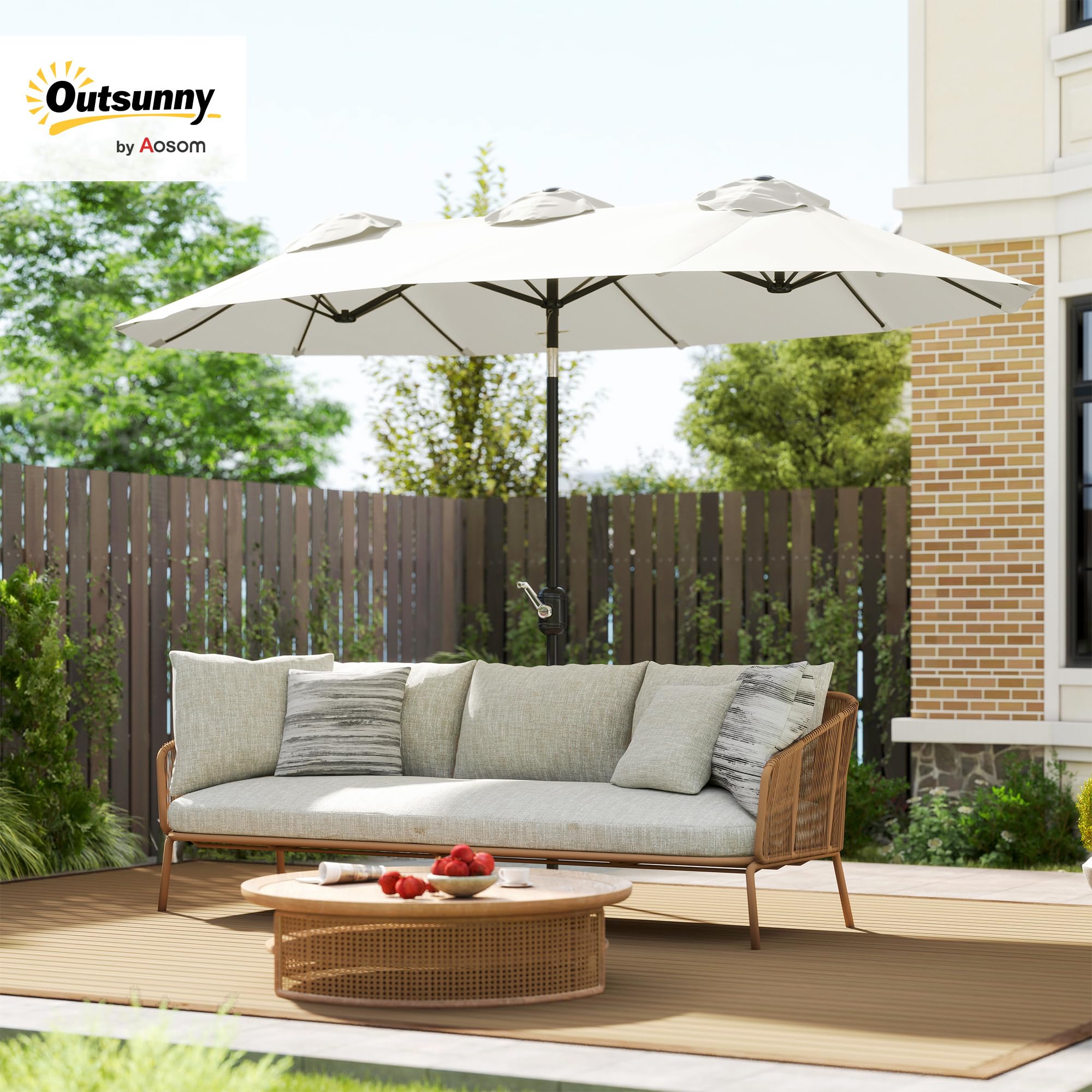 Outsunny Ombrellone da Giardino Doppio Inclinabile a 45° con Manovella e 3 Prese d'Aria, Ombrellone da Esterno in Acciaio e Poliestere, 295x152x222 cm
