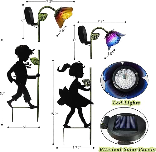 Miniatura 7 de Paquete de 2 luces solares de jardín, siluetas LED de paisaje para niño y niña, decoración de metal para exteriores, para jardín, paisaje, camino,