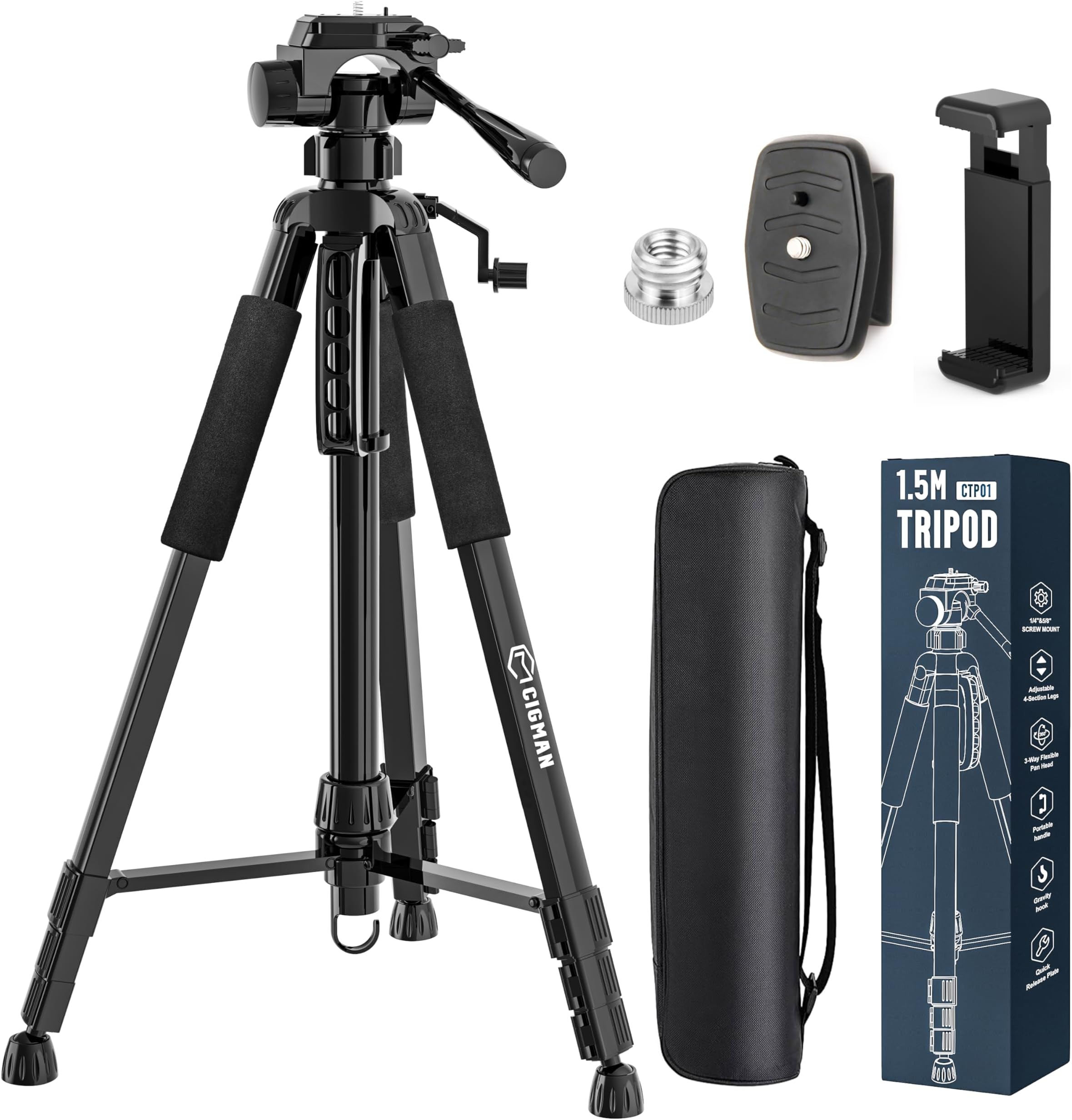 Laser Tripod Adjustable 4-Section, 81-150cm Extendable with 3-Way Pan Head, Bubble Level, 1/4" & 5/8" Screw Mounts, and Mobile Phone Holder – Ideal for Cameras, Laser Levels, and Smartphones