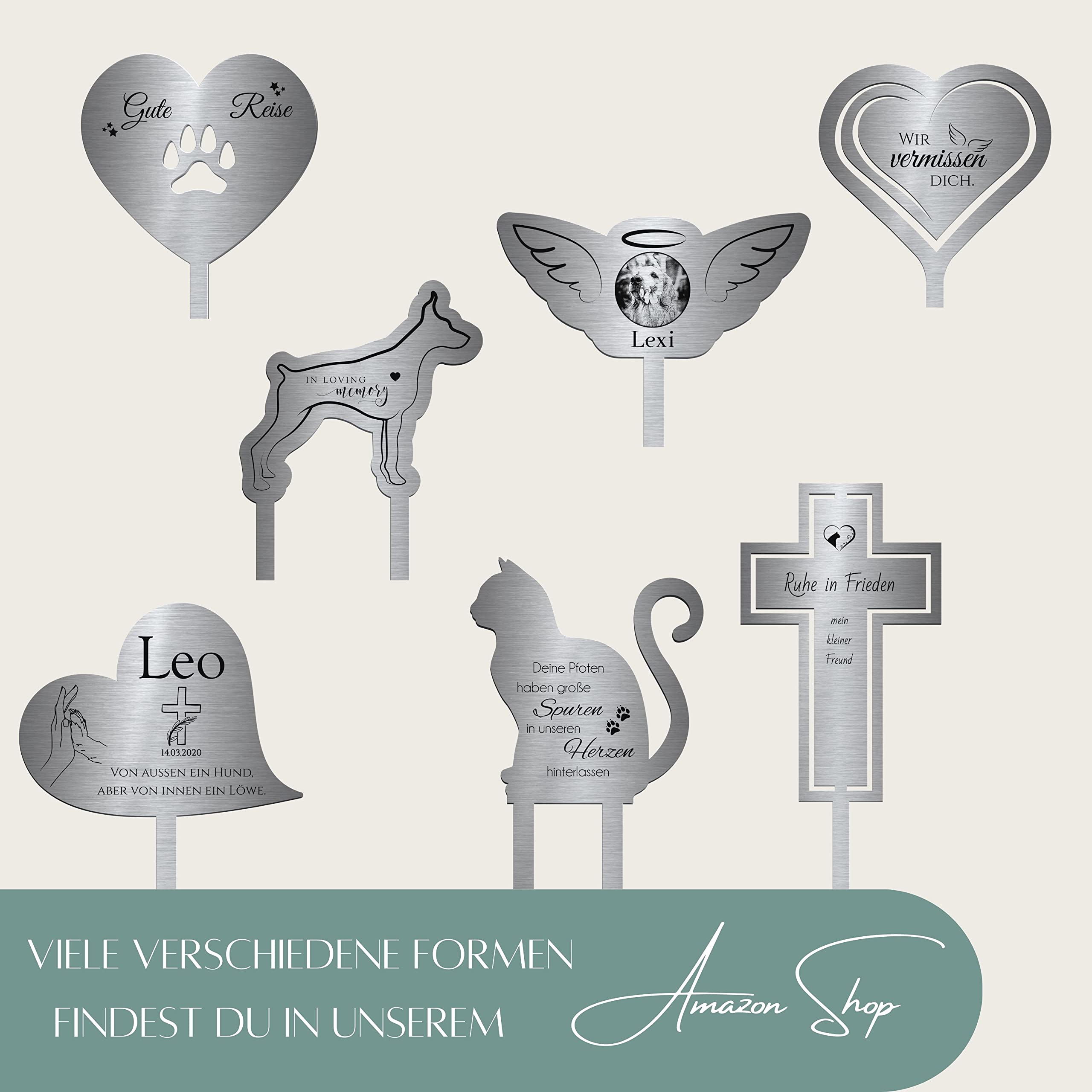 Grabstecker Herz mit Pfote aus Edelstahl mit Trauer Spruch oder Namen | Grabschmuck Hund o. Katze - persönliche Grab Deko für Tiere | wetterfest & personalisierbar für EIN Tiergrab o. Garten
