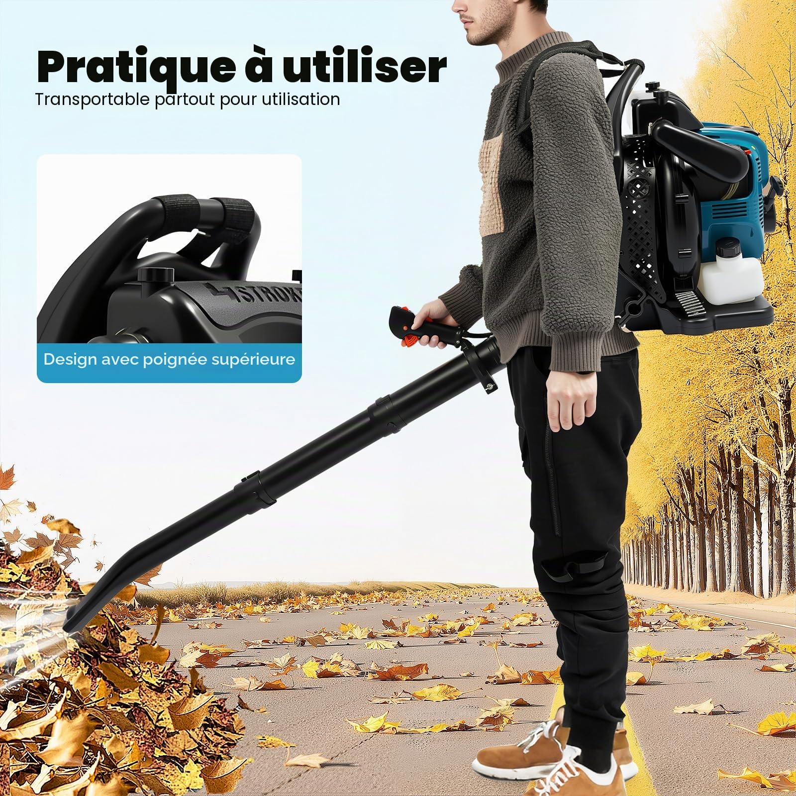 Sac à dos souffleur à essence, moteur 4 temps, 2,6 kW, 7000 tr/min, réservoir de 1,9 l, sortie ignifuge réglable à 180°, pour feuillage/neige, structure légère de 27,3 kg, avec système de