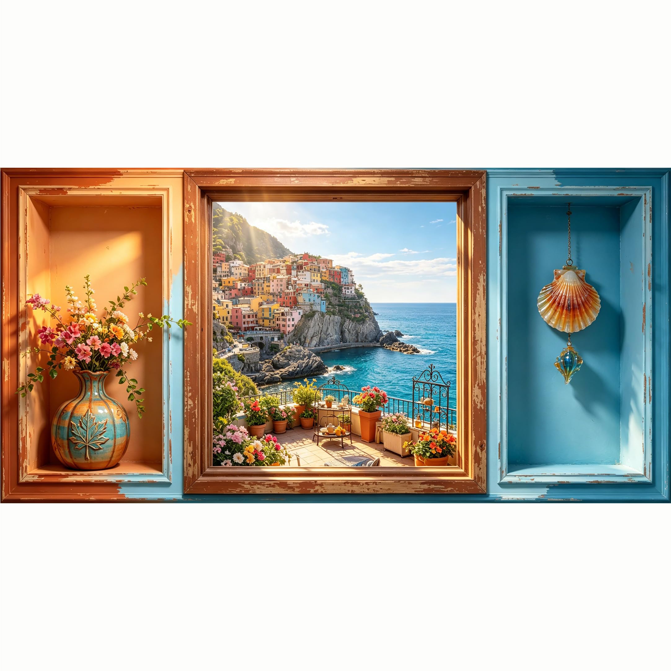 QZLITHOTIC 50x100cm 3D Framed Wall Art， Mediterranean Coastal Ocean Landscape SelfAdhesive Mural， WaterActivated Peel & Stick Fabric Decor Wall Decal for Bedroom Living Room