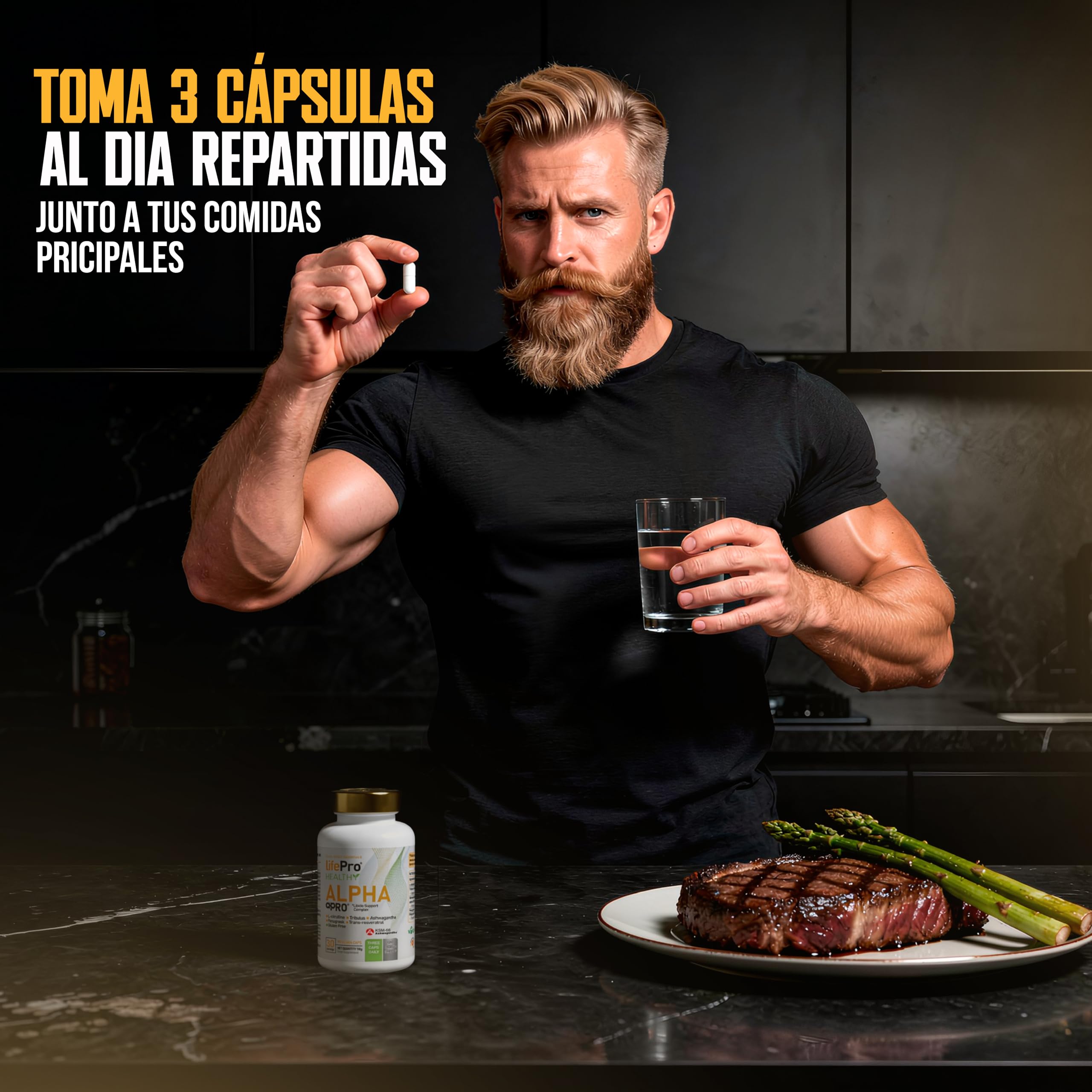 Potenciador testosterona y libido hombre, Tribulus Terrestris 90% Saponinas – Alpha Pro – Fórmula 5 en 1 con KSM-66® Ashwagandha, Fenogreco, L-Citrulina y Resveratrol – Fuerza, Energía y vitalidad.